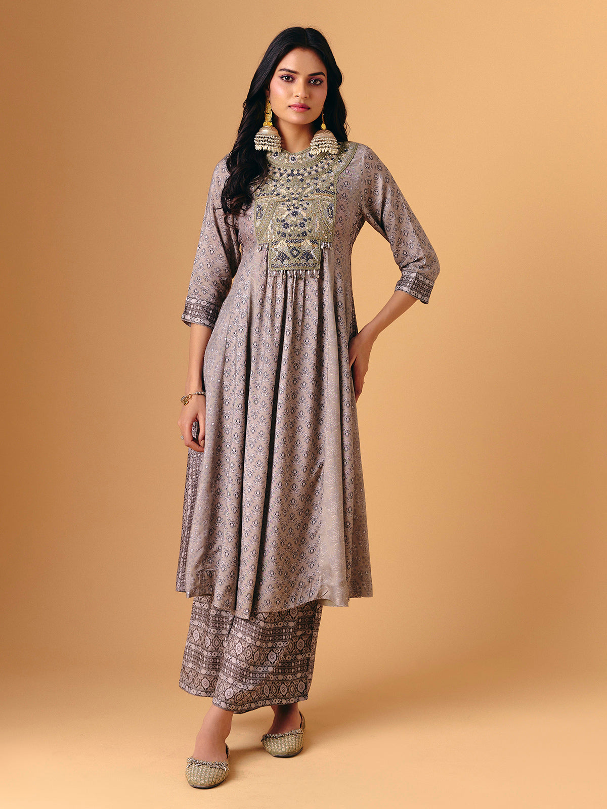 Beige cotton silk quarter sleeve palazzo suit