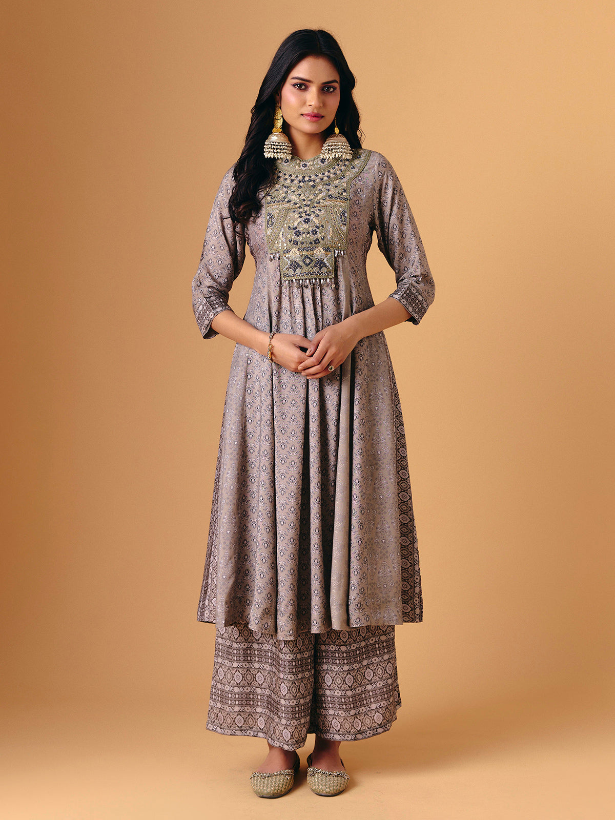 Beige cotton silk quarter sleeve palazzo suit