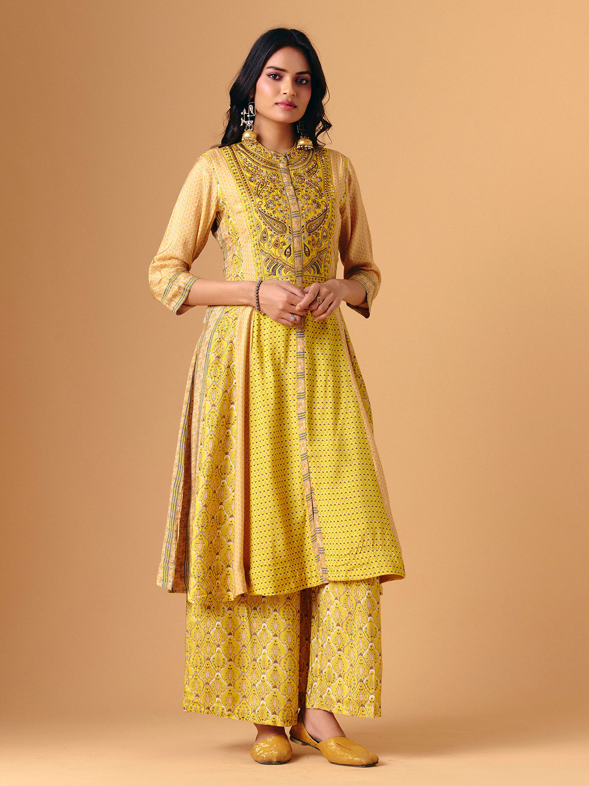 Yellow cotton silk band gala palazzo suit
