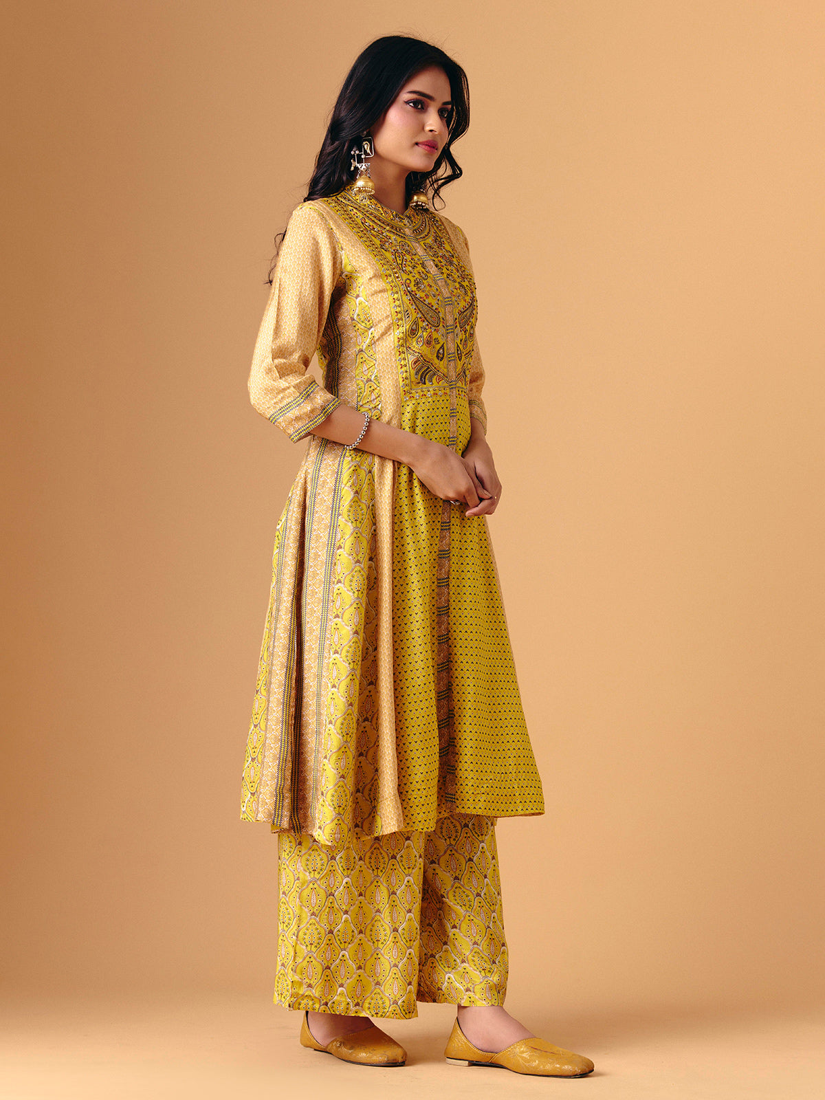Yellow cotton silk band gala palazzo suit