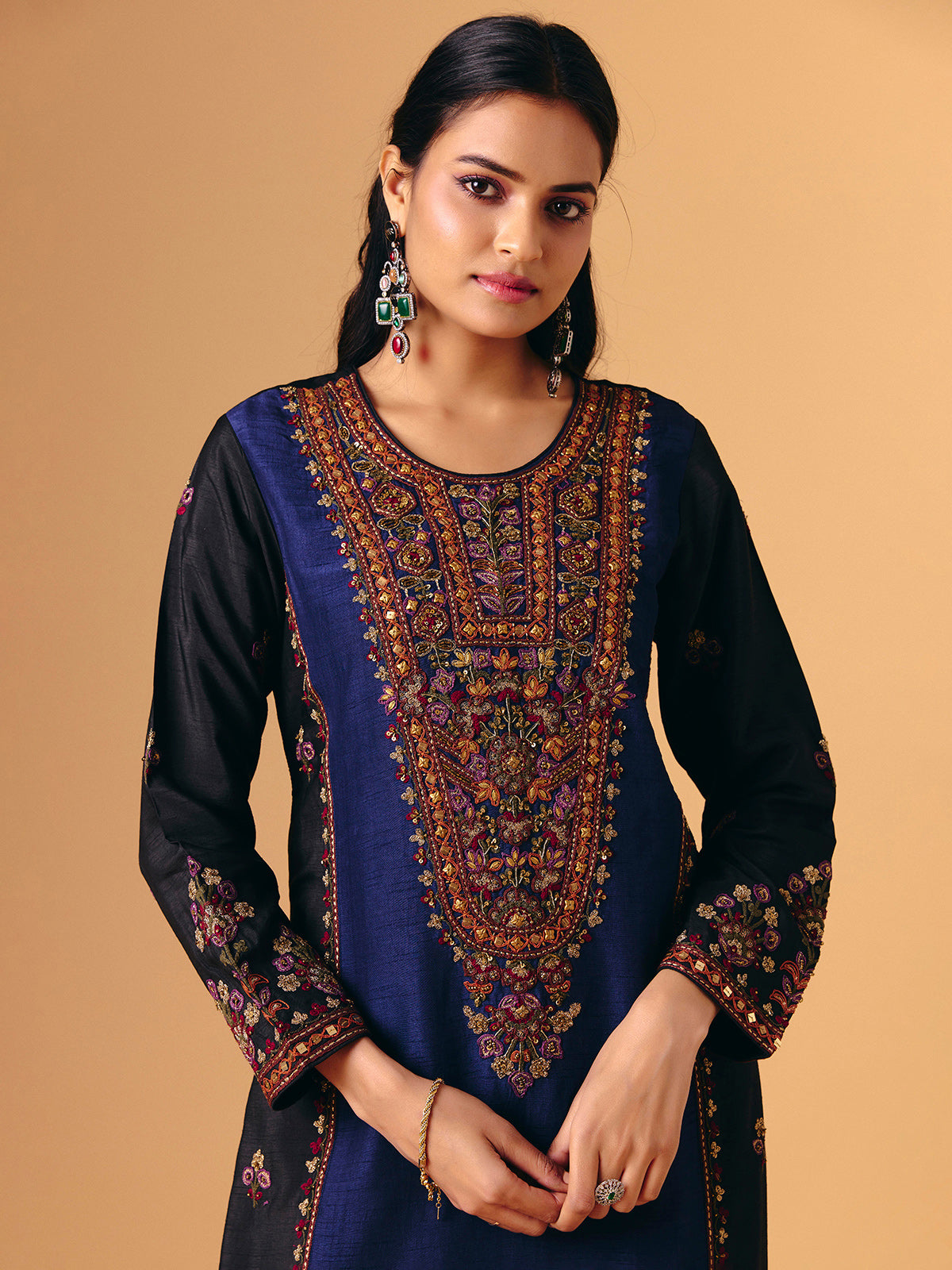 Navy blue silk round neck lehenga suit