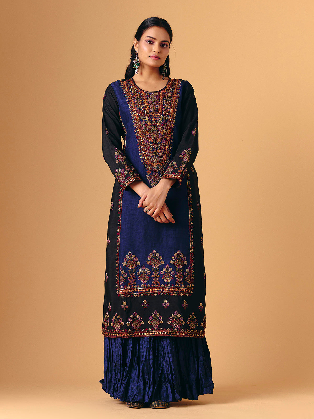 Navy blue silk round neck lehenga suit