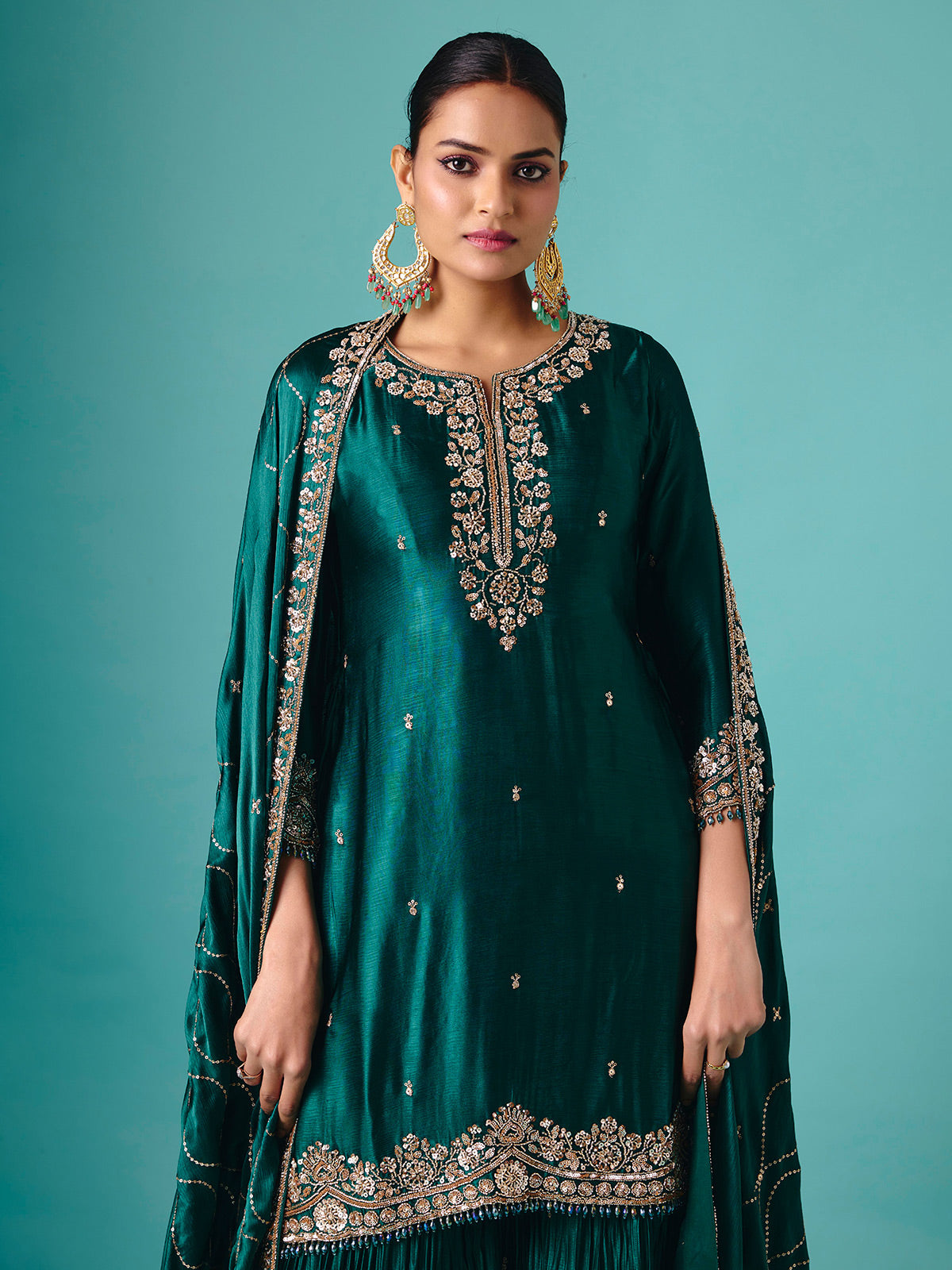 Green Russian silk quarter sleeve palazzo suit
