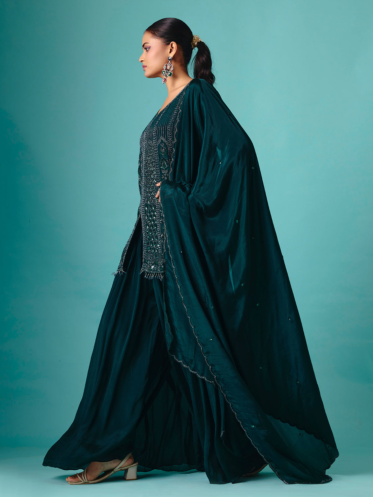 Rama green georgette silk round neck palazzo suit