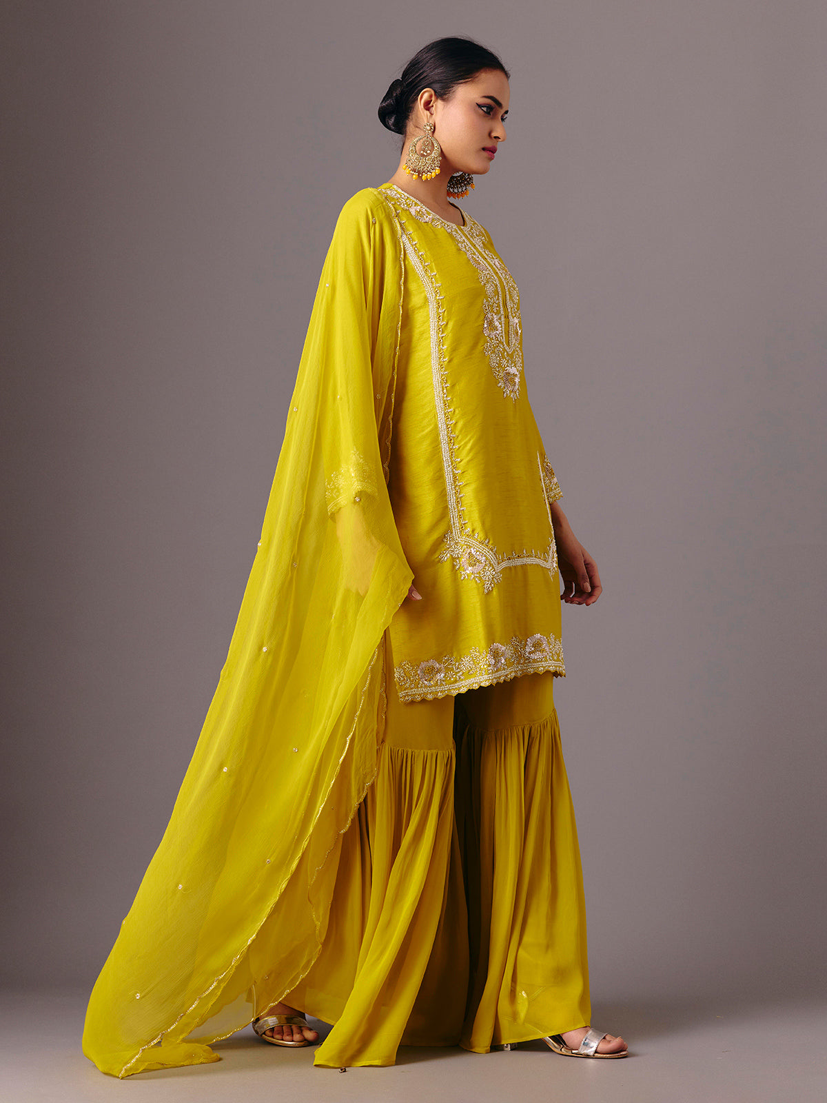 Yellow silk round neck traditional sharara suit