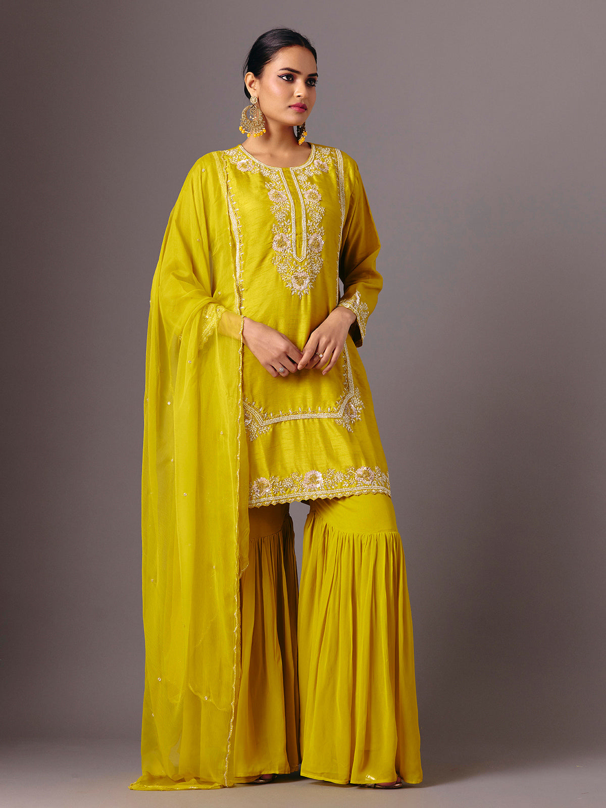 Yellow silk round neck traditional sharara suit
