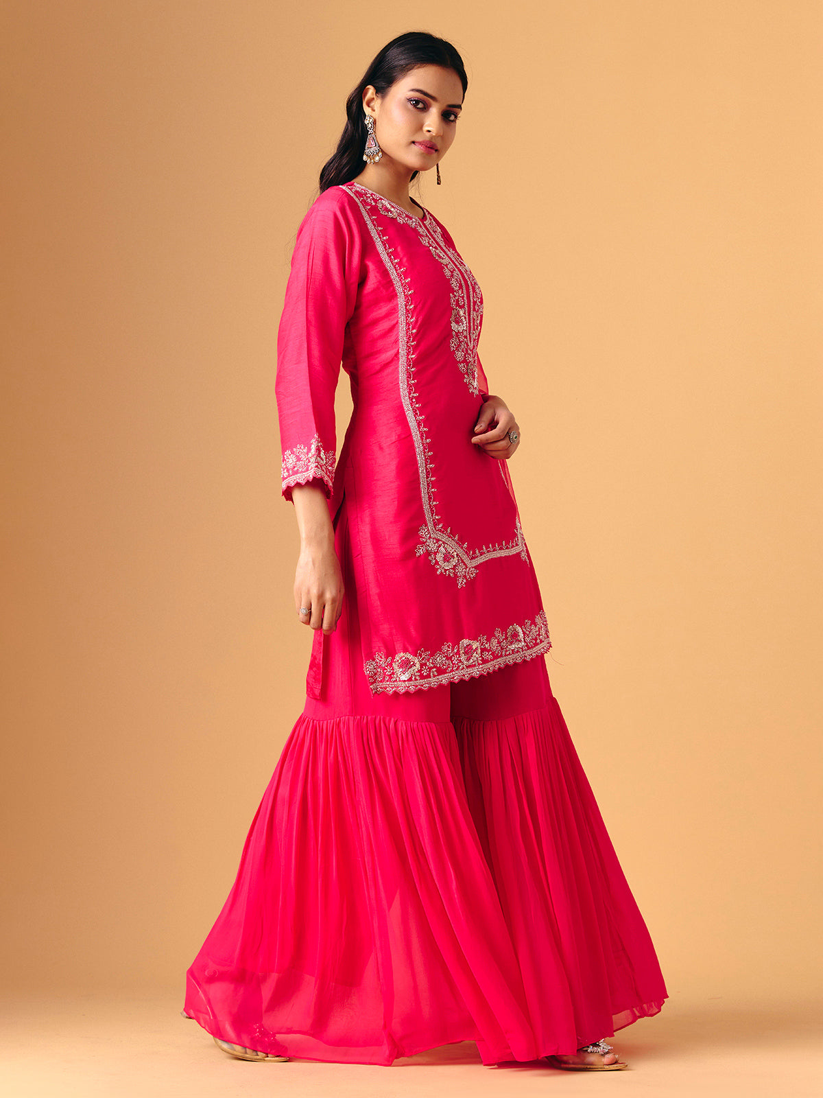 Pink silk round neck shimmering sharara suit