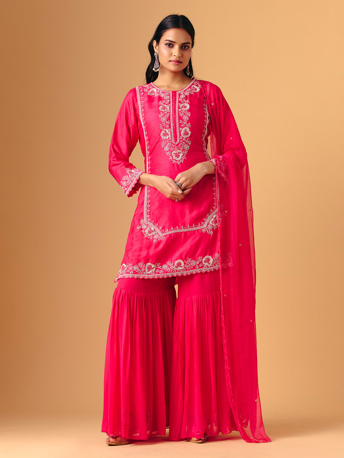 Pink silk round neck shimmering sharara suit