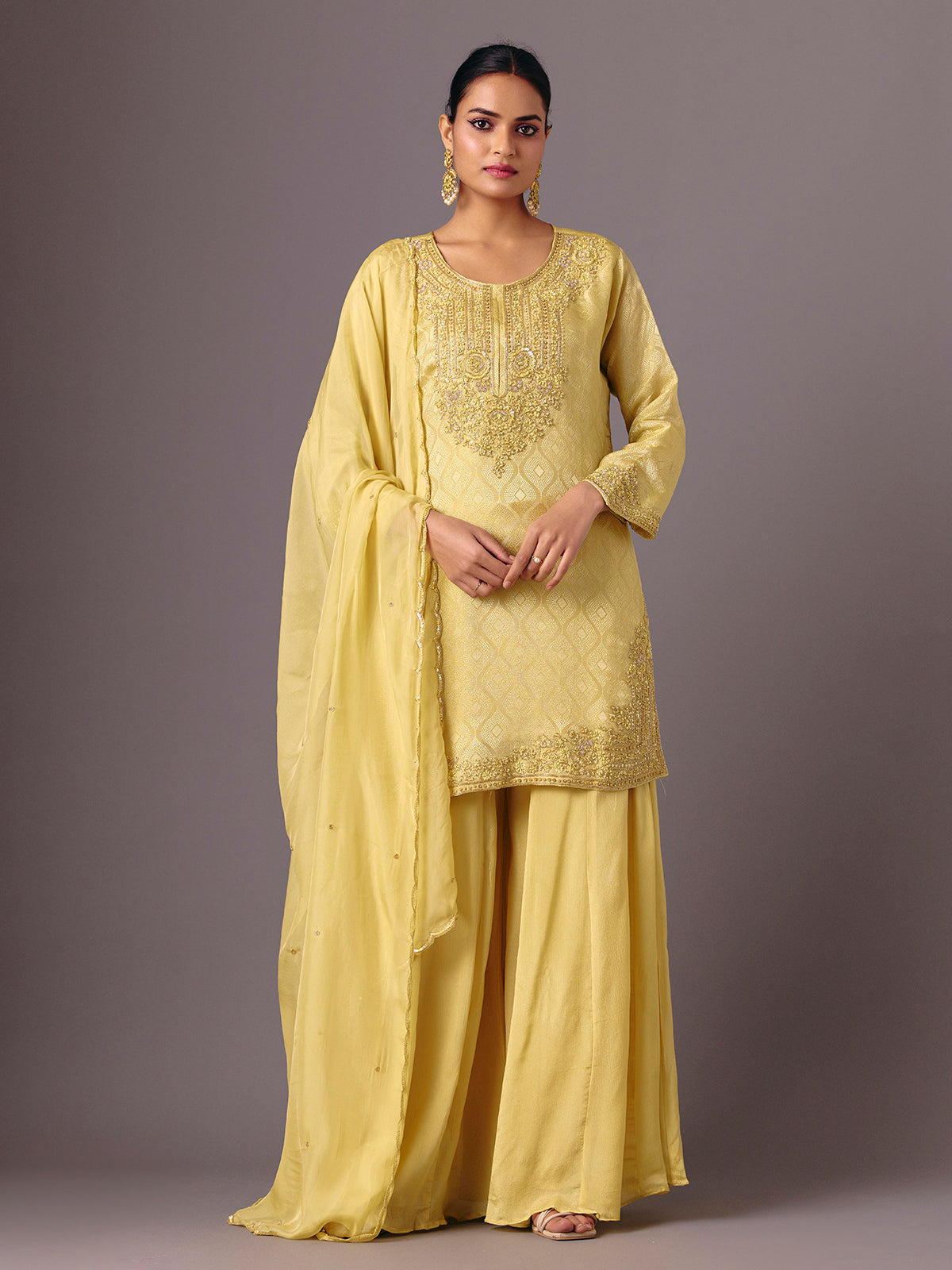 Yellow chanderi silk quarter sleeve palazzo suit