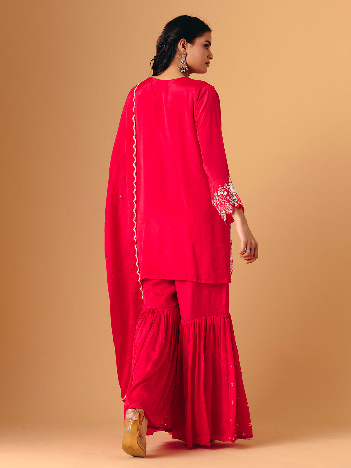 Rani pink georgette V neck layered sharara suit
