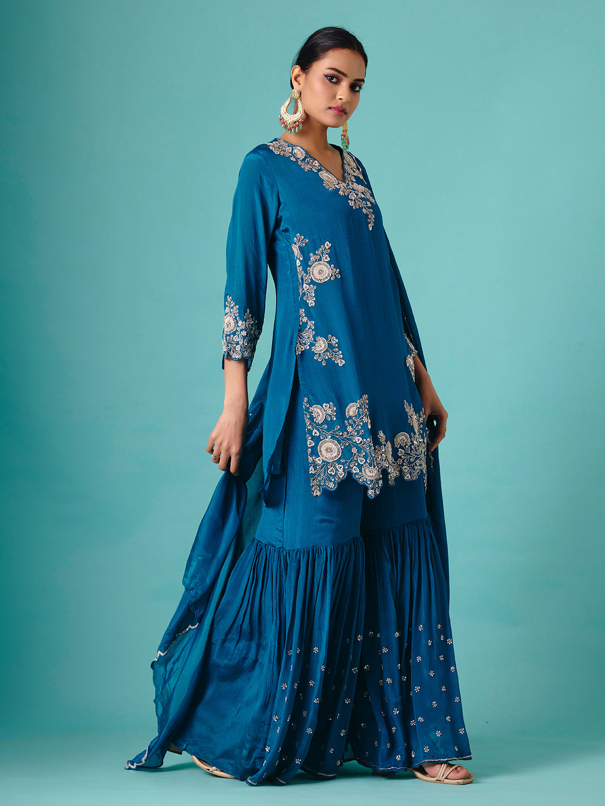 Teal blue georgette V neck elegant sharara suit