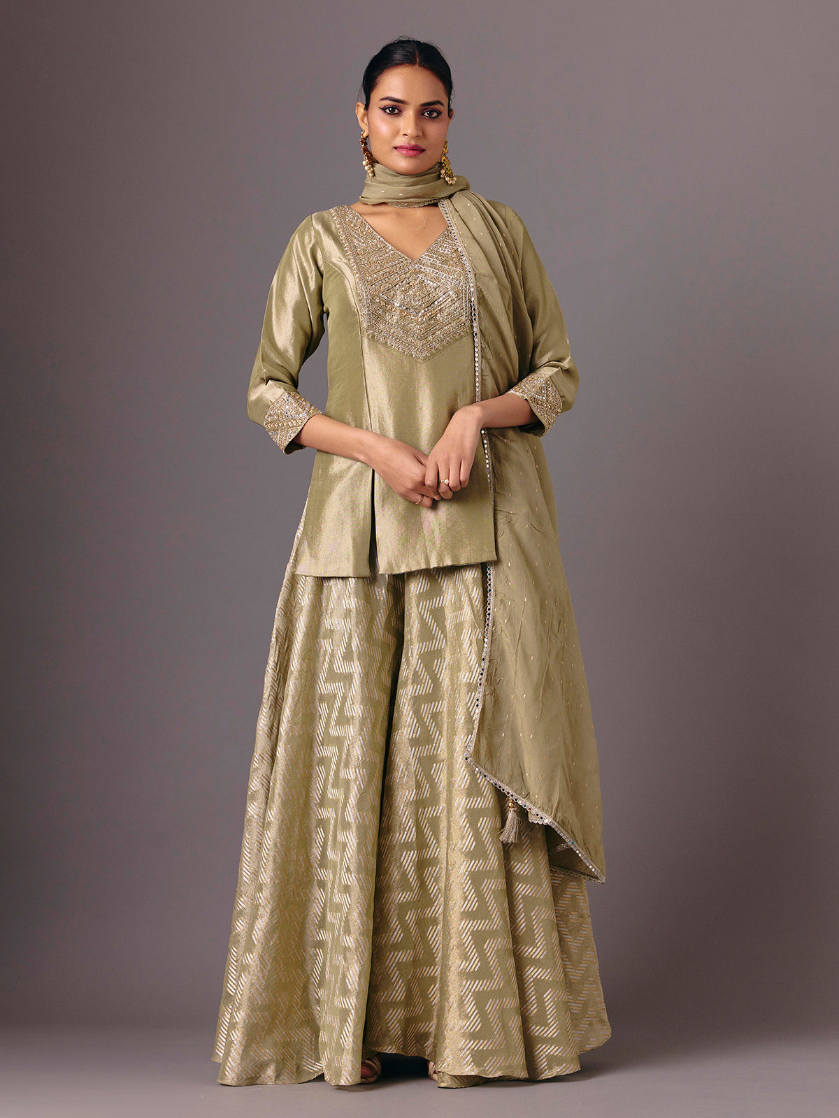 Olive silk mirror embellished quarter sleeve palazzo suit