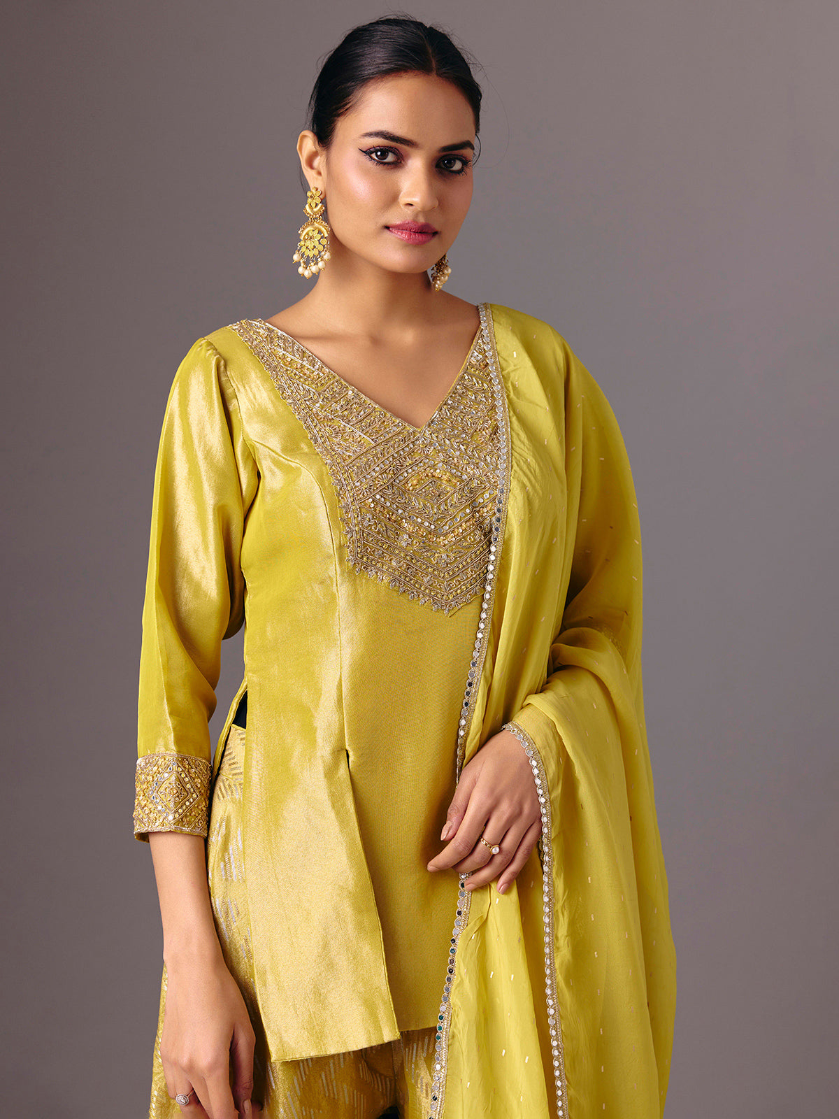 Mustard yellow silk V neck mirror palazzo suit