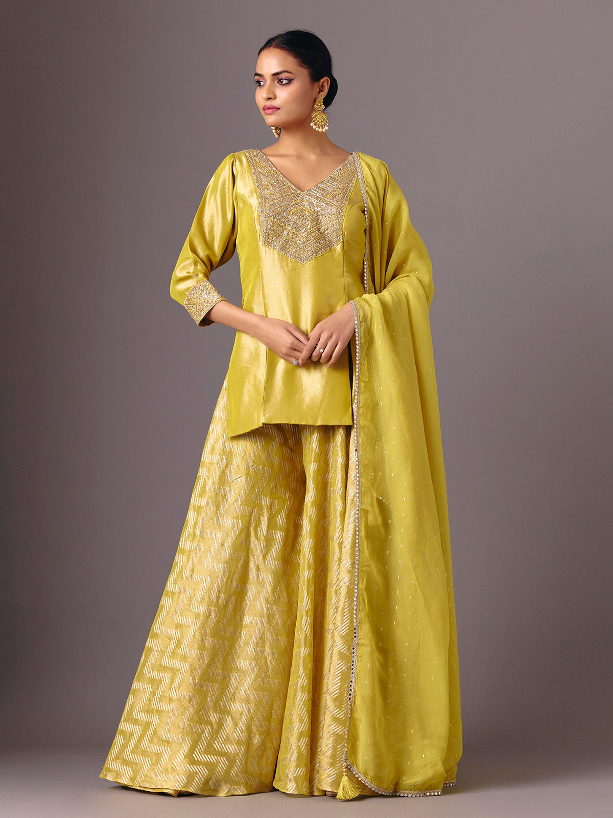 Mustard yellow silk V neck mirror palazzo suit