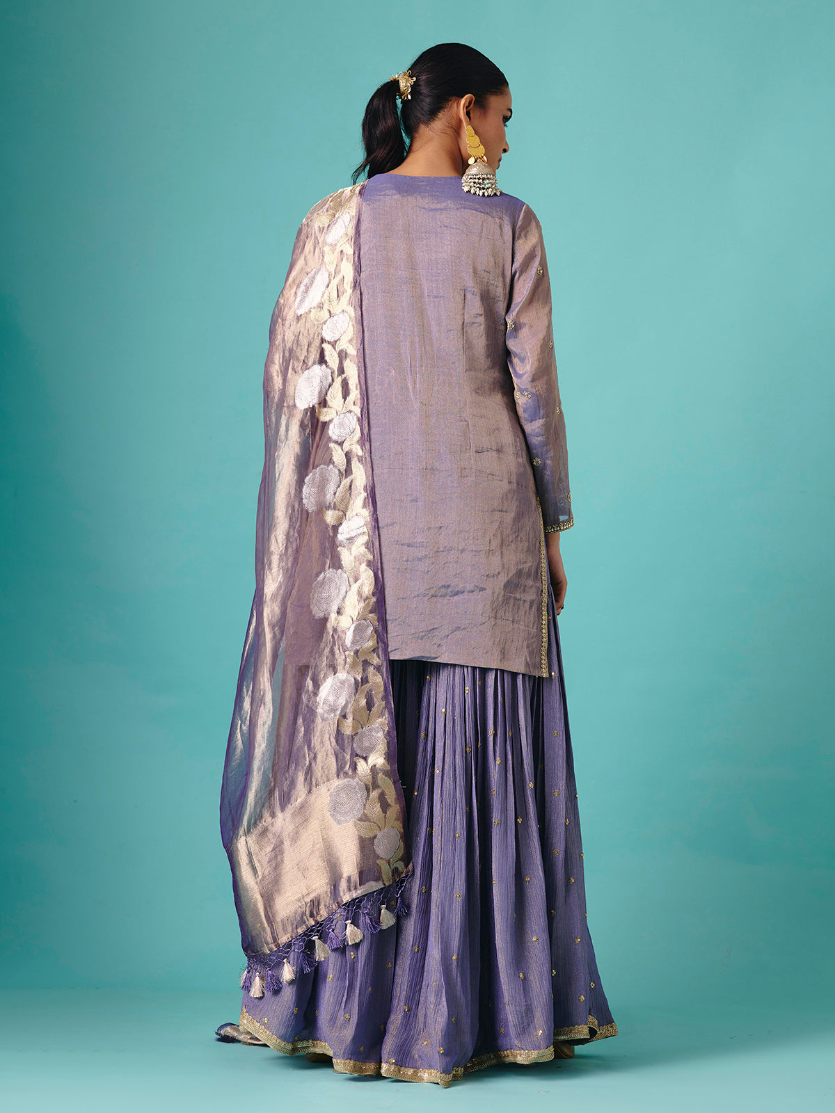 Pastel purple silk full sleeve elegant sharara suit