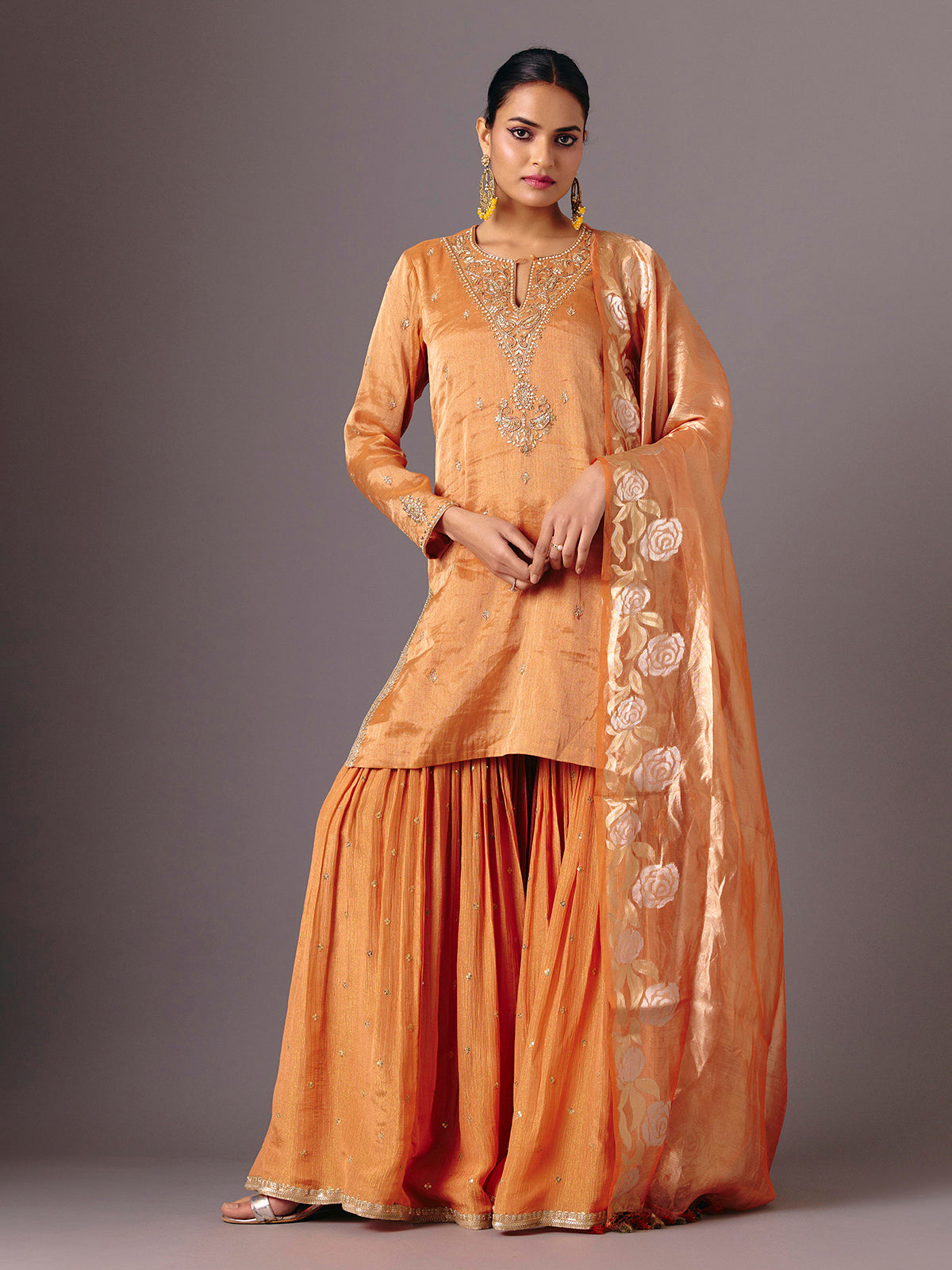 Orange silk full sleeve festive sharara suit