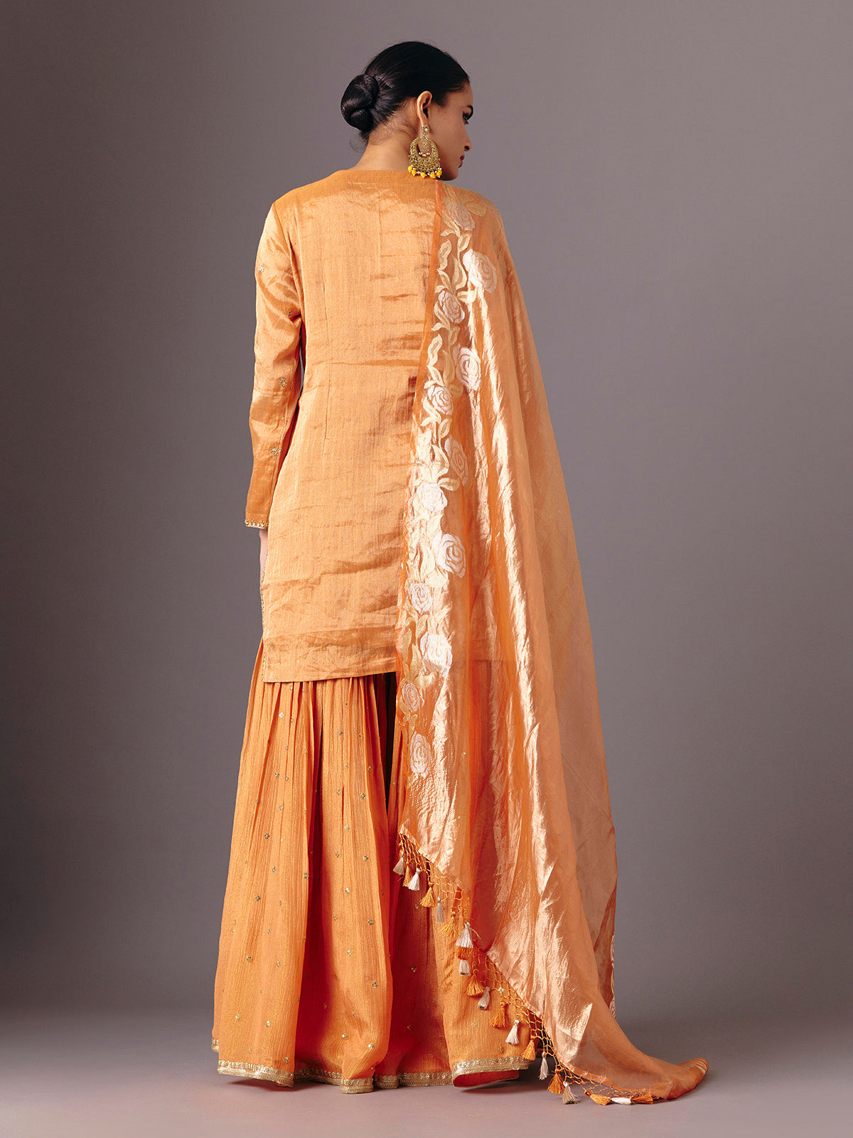 Orange silk full sleeve festive sharara suit