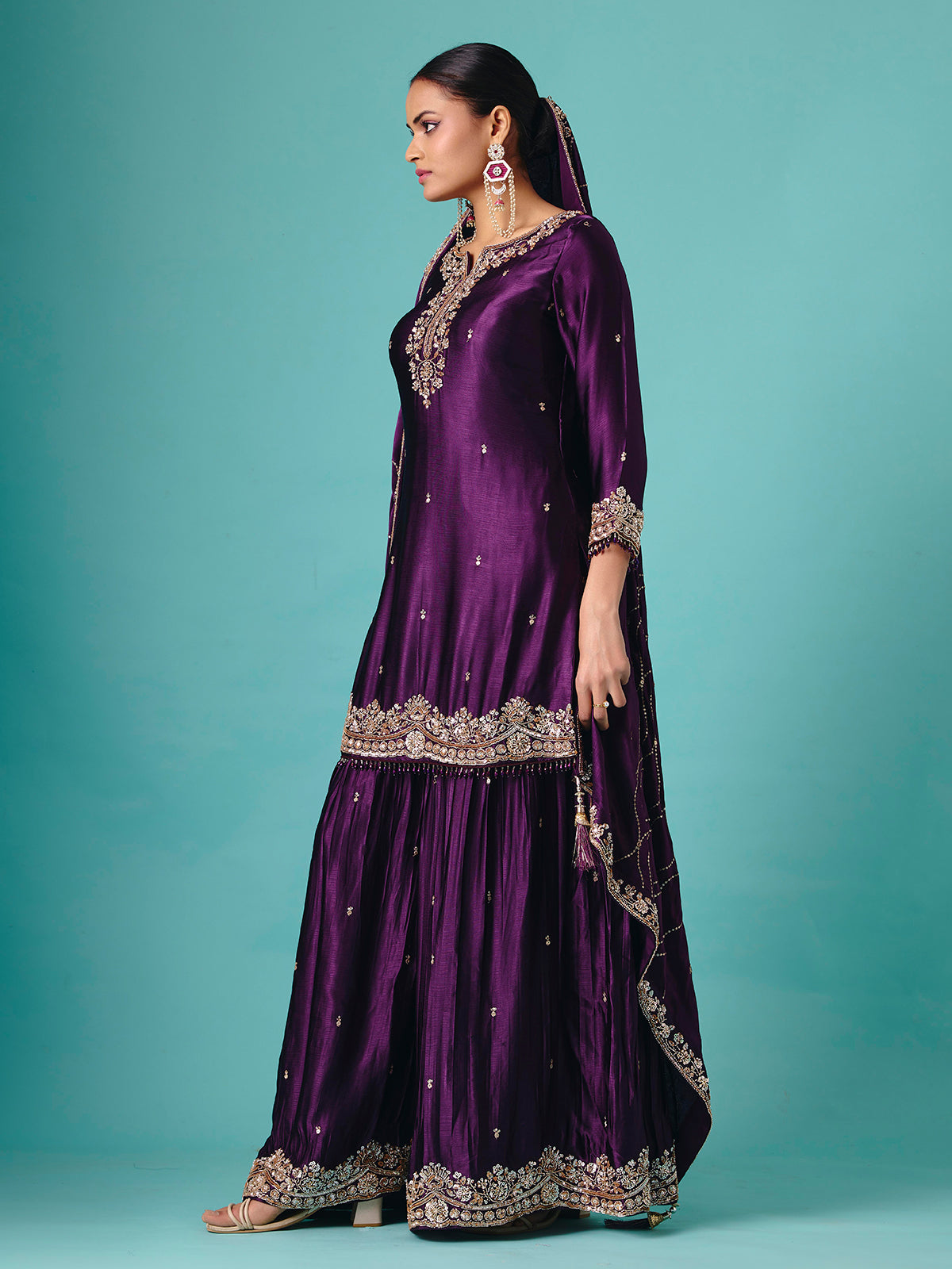 Violet chinon silk full sleeve flared palazzo suit