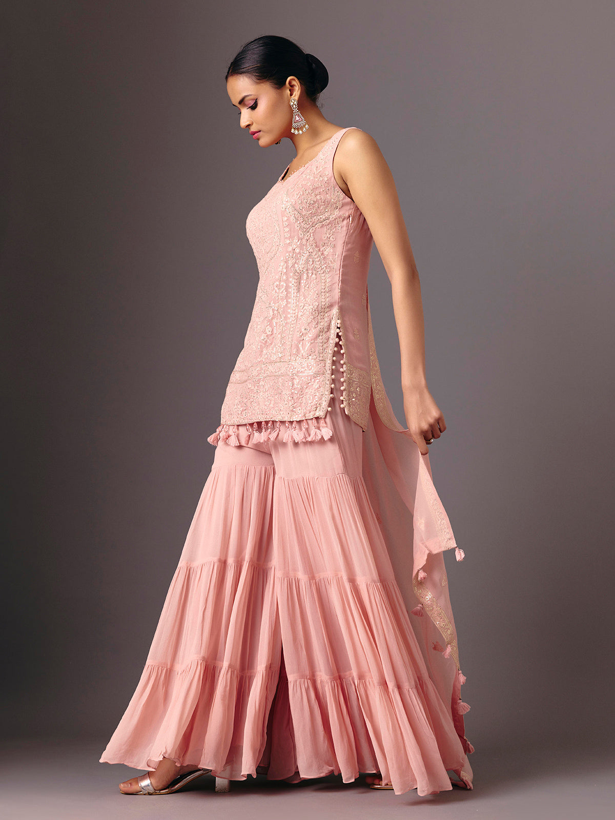 Peach georgette silk sleeveless festive sharara suit