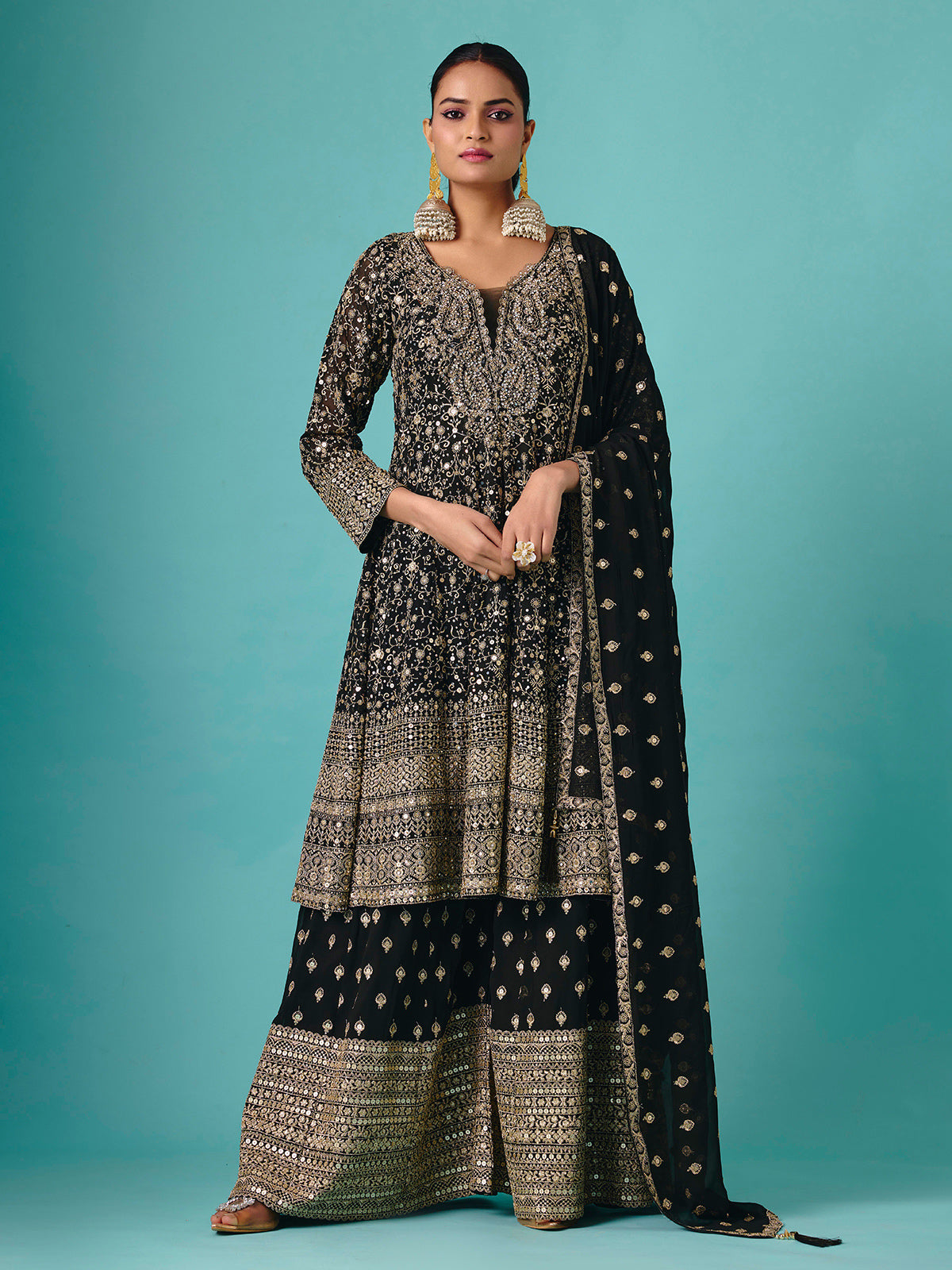 Black silk quarter sleeve embroidered palazzo suit