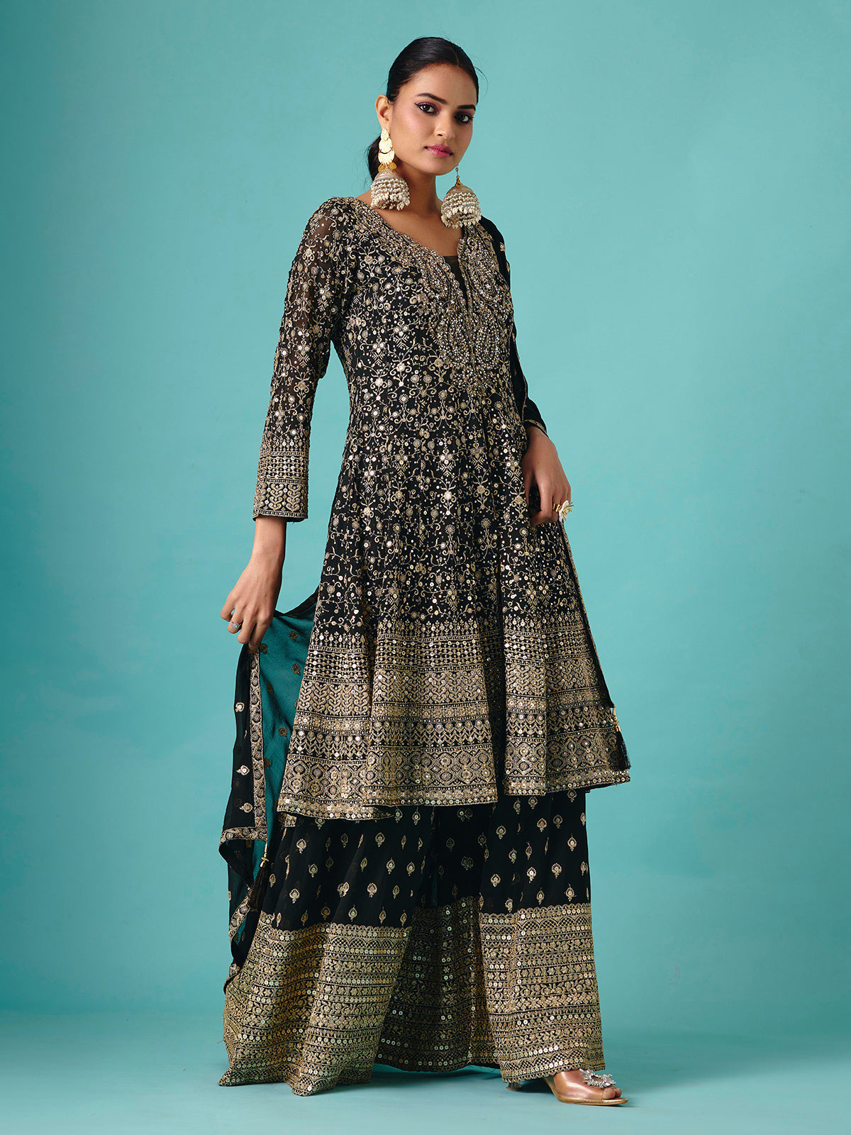 Black silk quarter sleeve embroidered palazzo suit