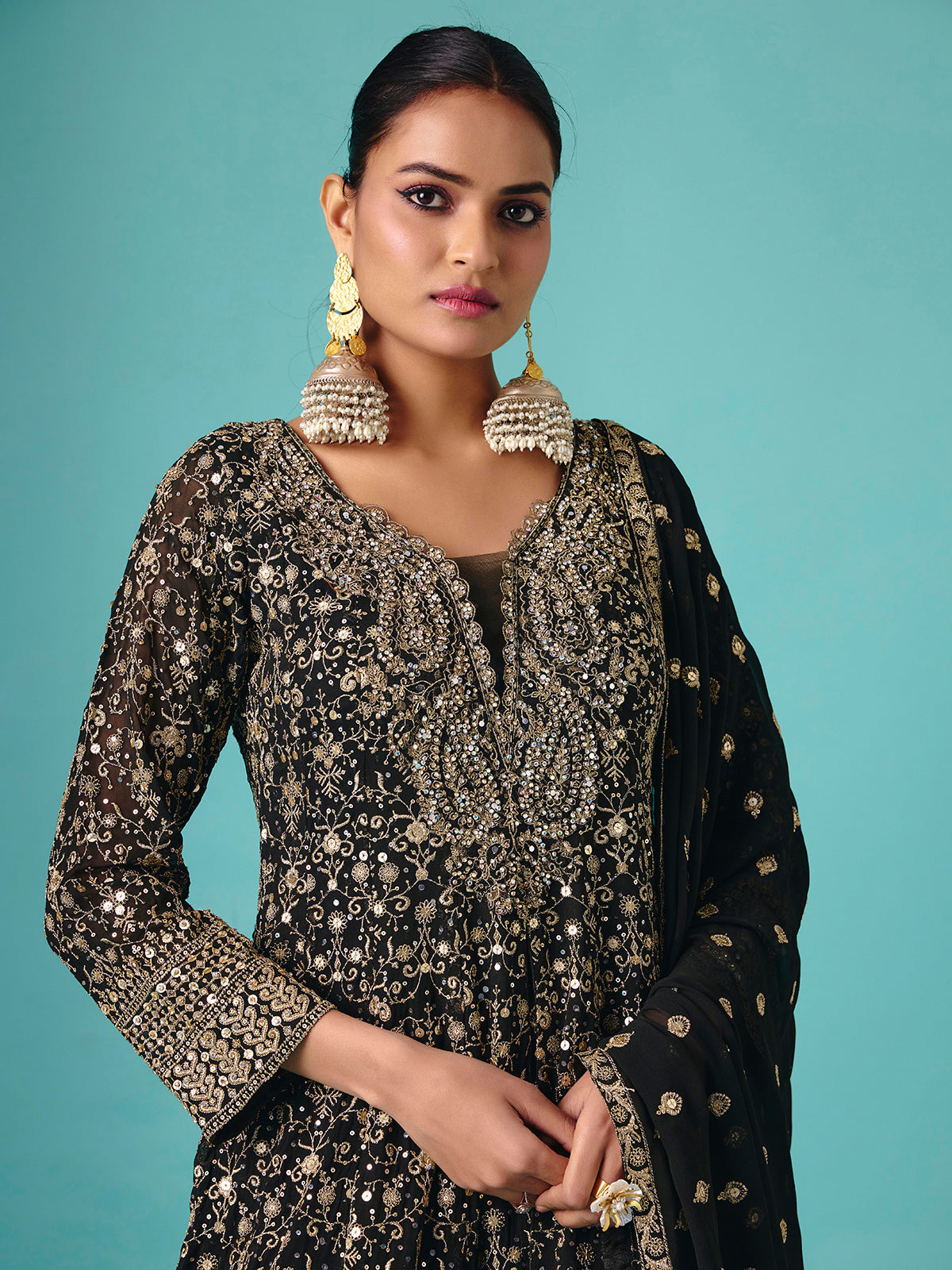 Black silk quarter sleeve embroidered palazzo suit