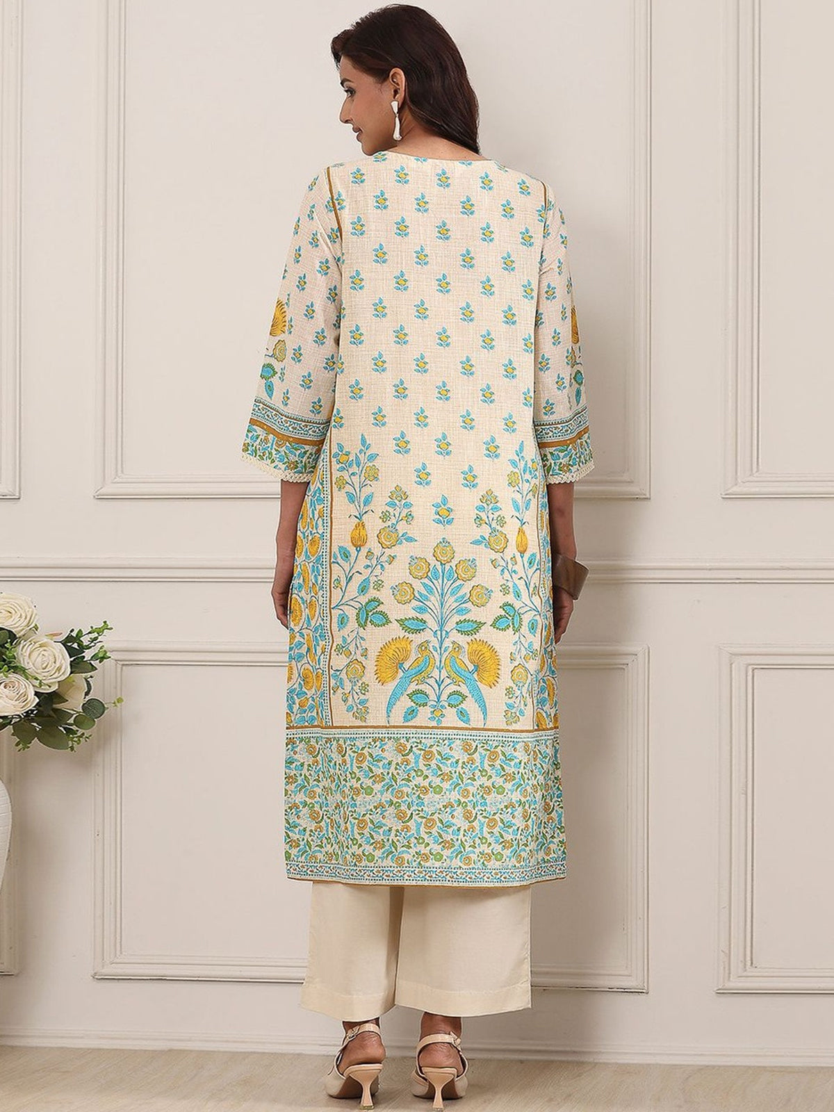 Beige printed straight cut kurti with embroidery