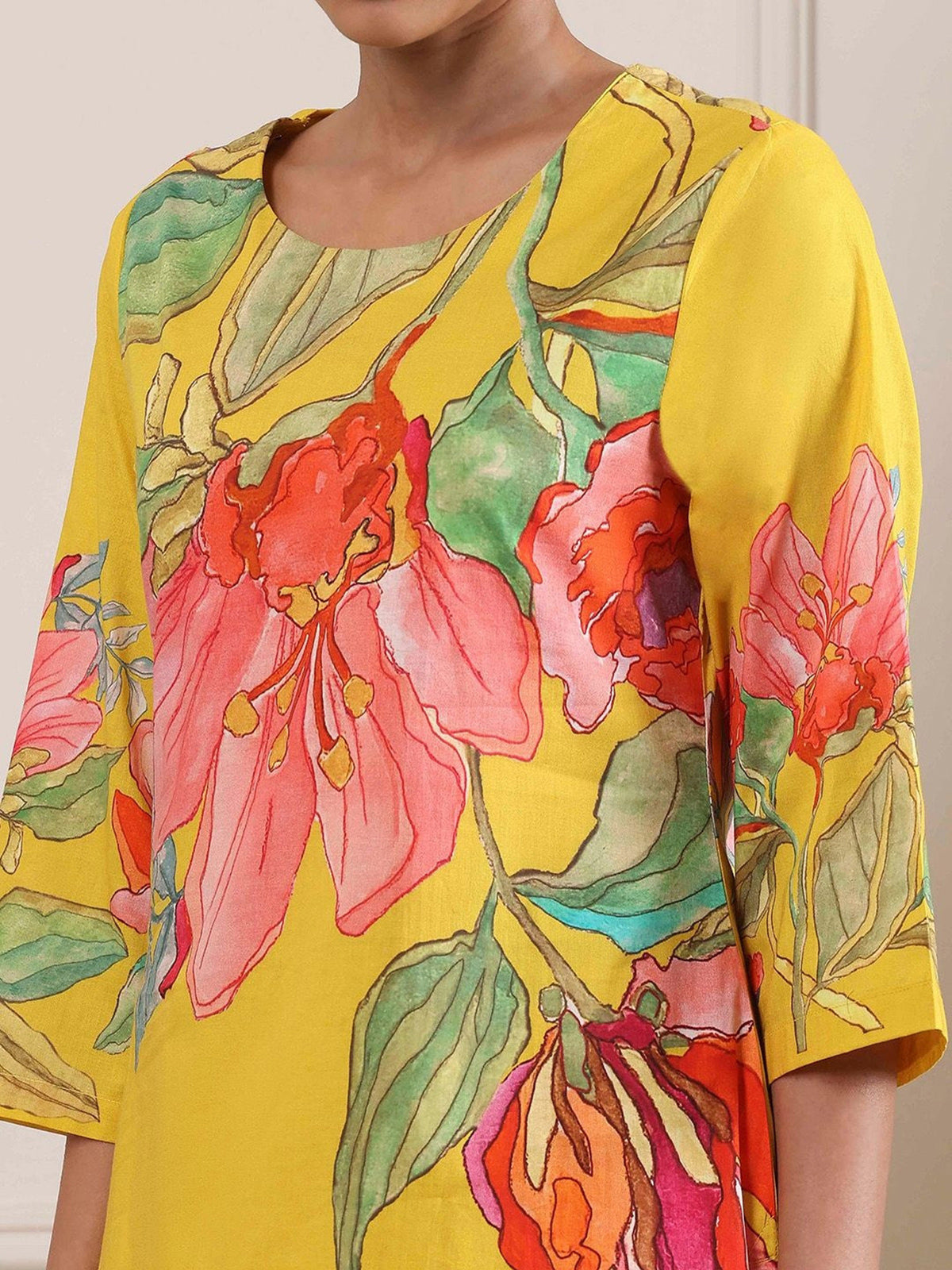 Yellow printed cotton silk kurti set for women festive wear