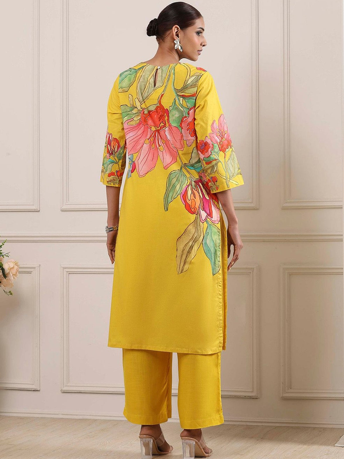 Yellow printed cotton silk kurti set for women festive wear