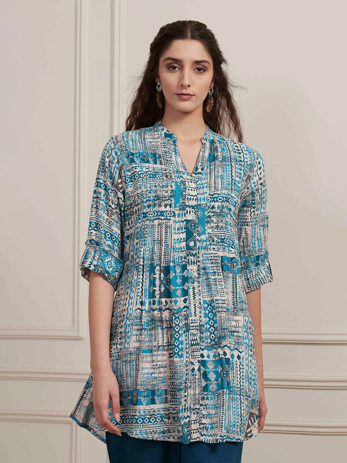 Light blue printed short cotton silk kurti