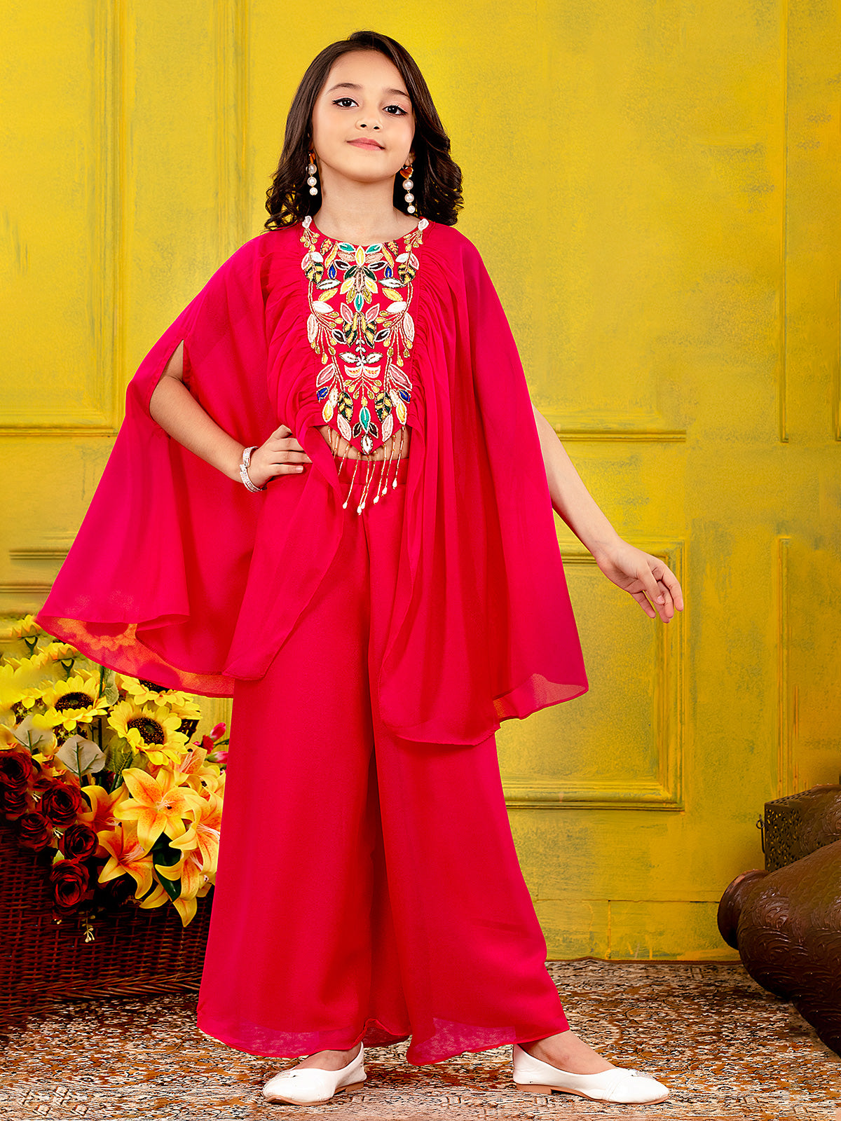 Magenta georgette designer palazzo suit for girls