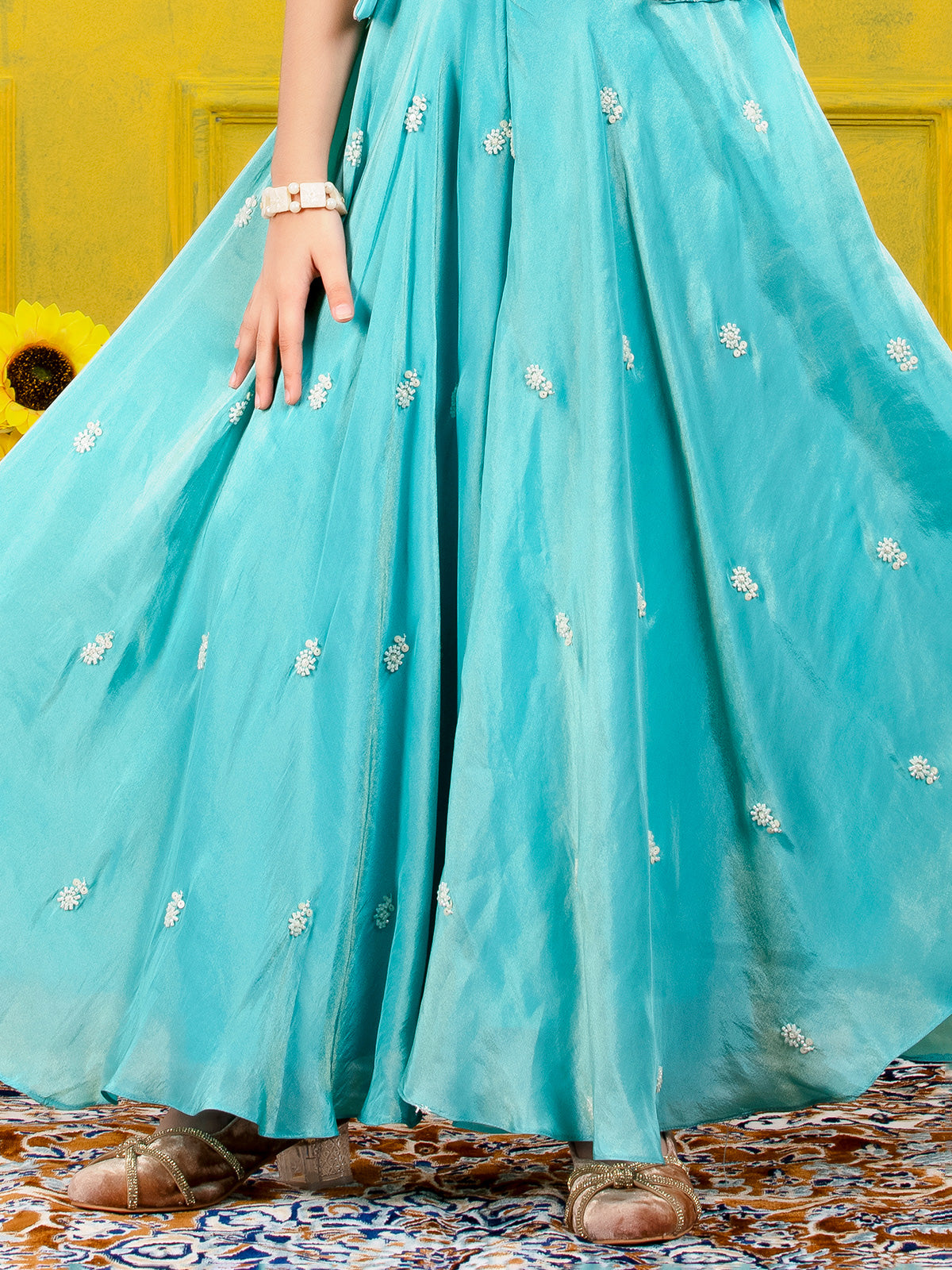 Sky blue satin silk jacket style palazzo suit