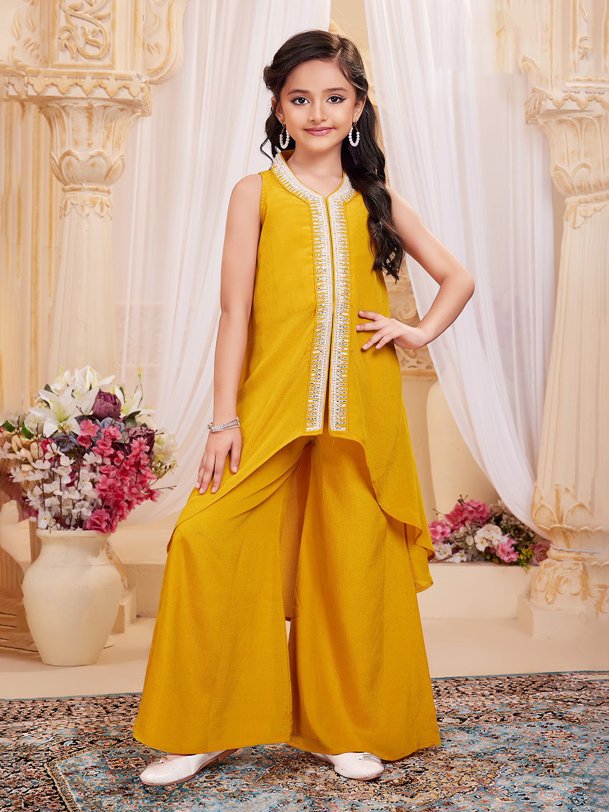 Mustard yellow silk mirror work palazzo suit