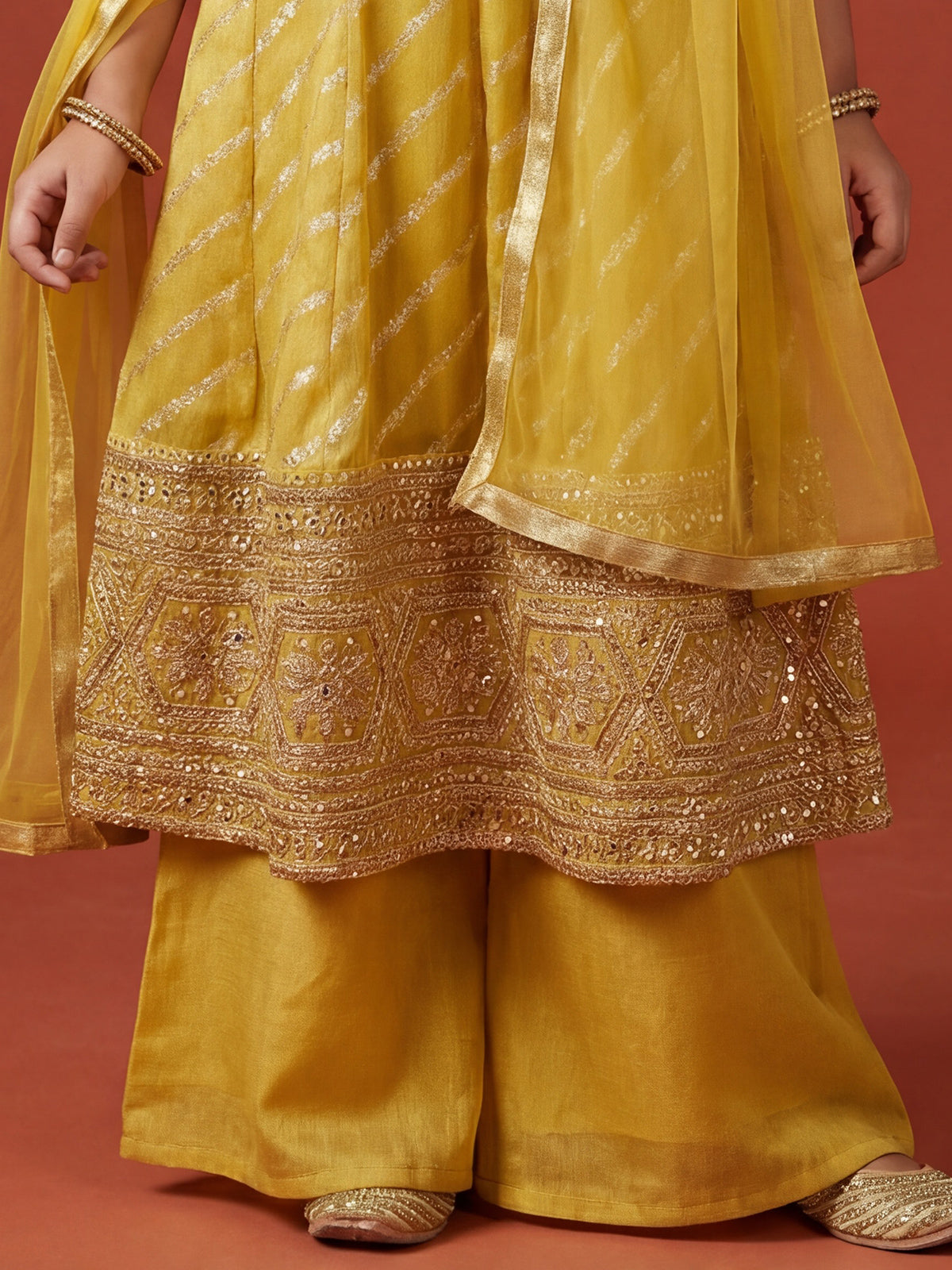 Yellow tissue silk anarkali palazzo suit with dupatta