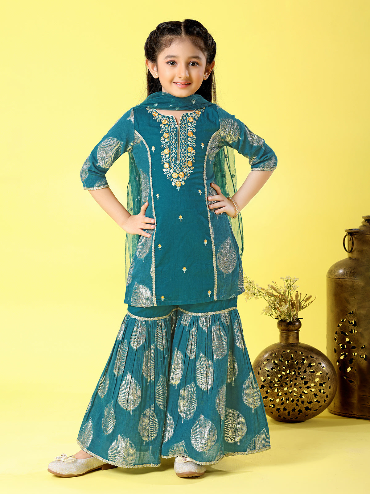 Peacock green pakistani style sharara suit with dupatta