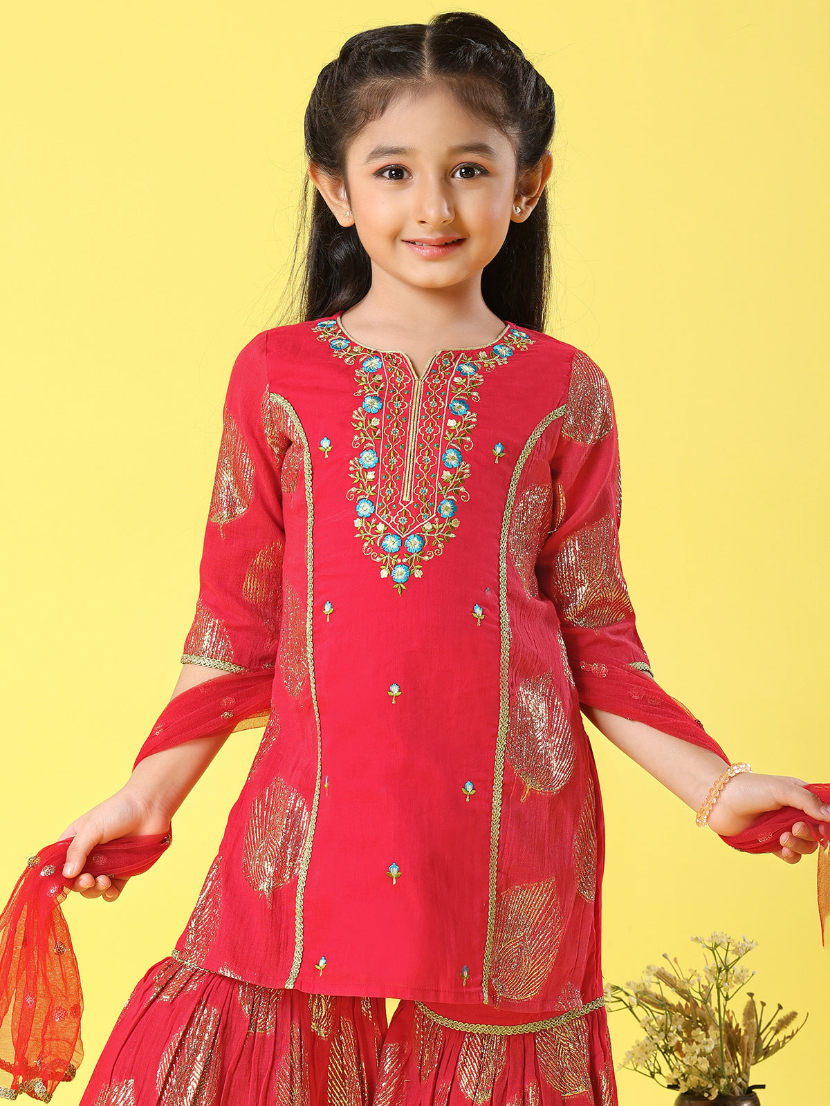 Red silk pakistani style sharara suit for girls
