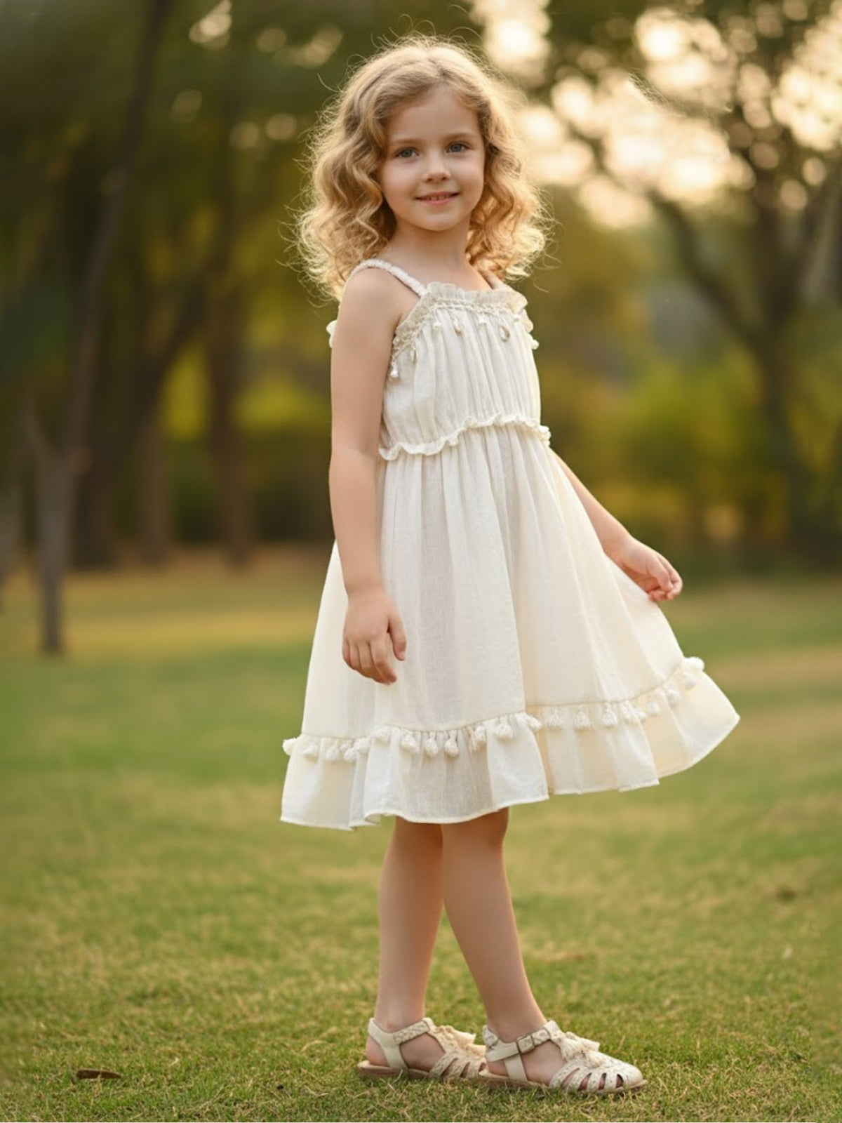Cream cotton pearl and cowrie shell work frock
