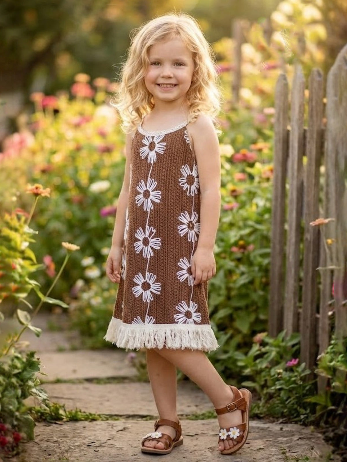 Brown knitted girls frock with thread embellishment