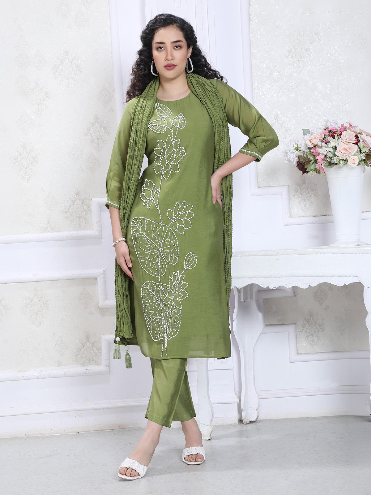 Mehendi green silk straight cut kurti set