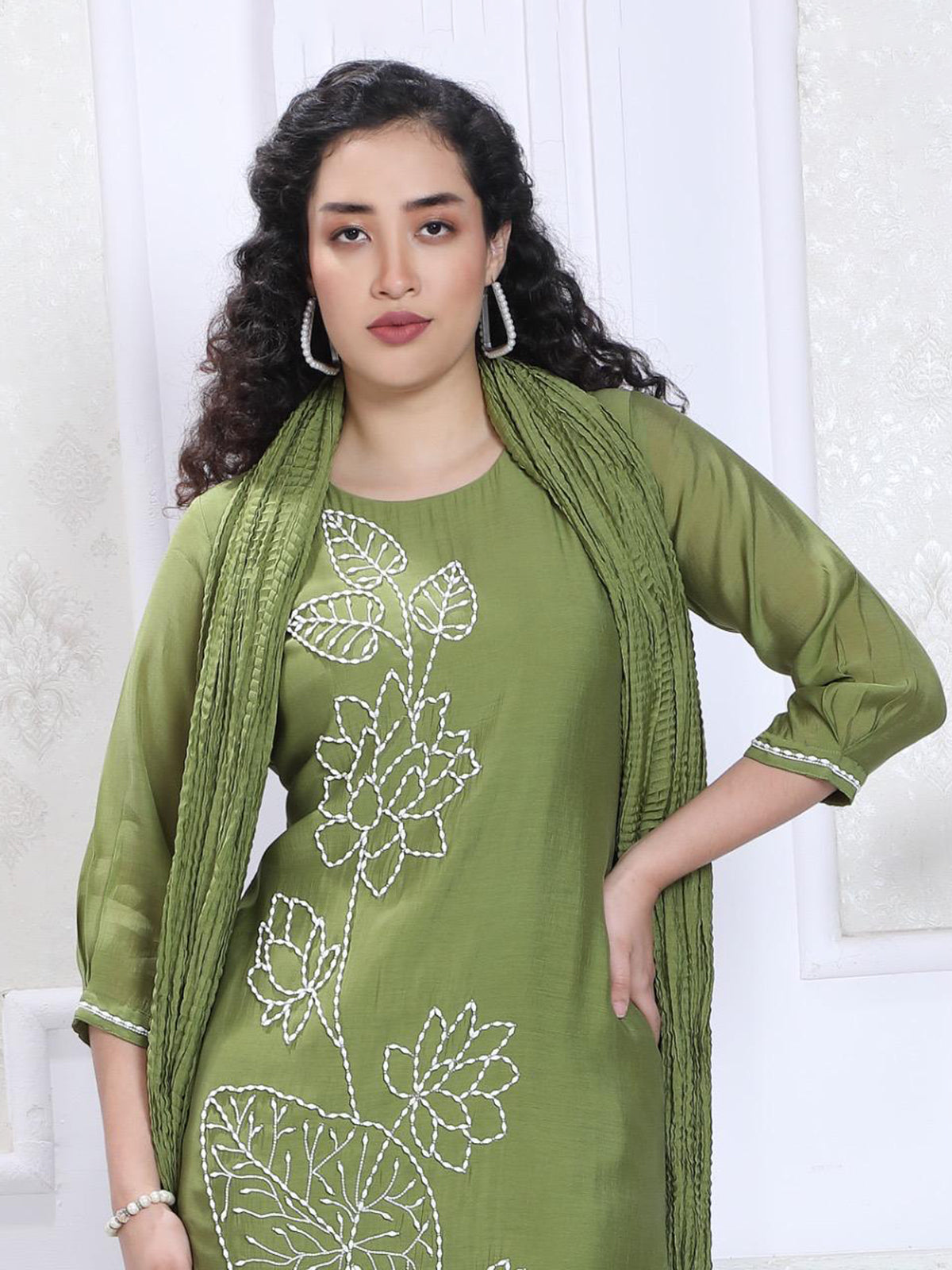 Mehendi green silk straight cut kurti set