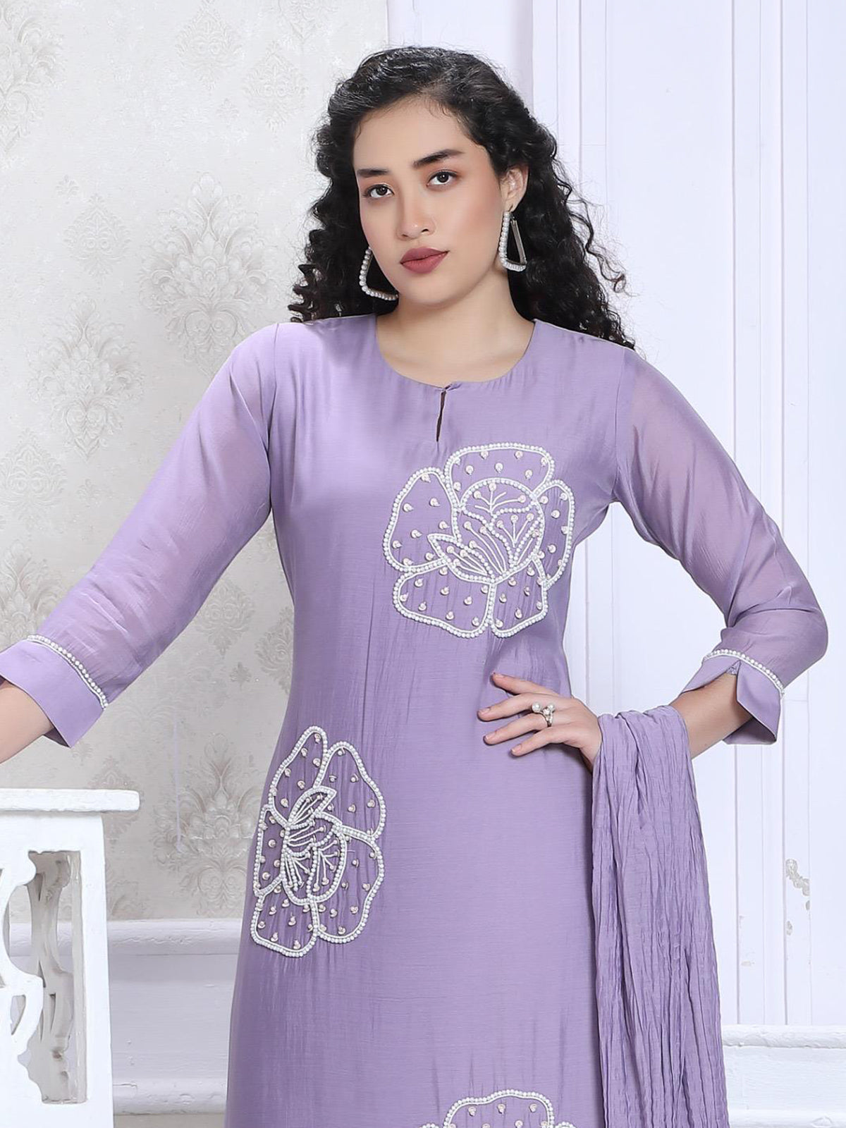 Purple silk keyhole neck embellished kurti set
