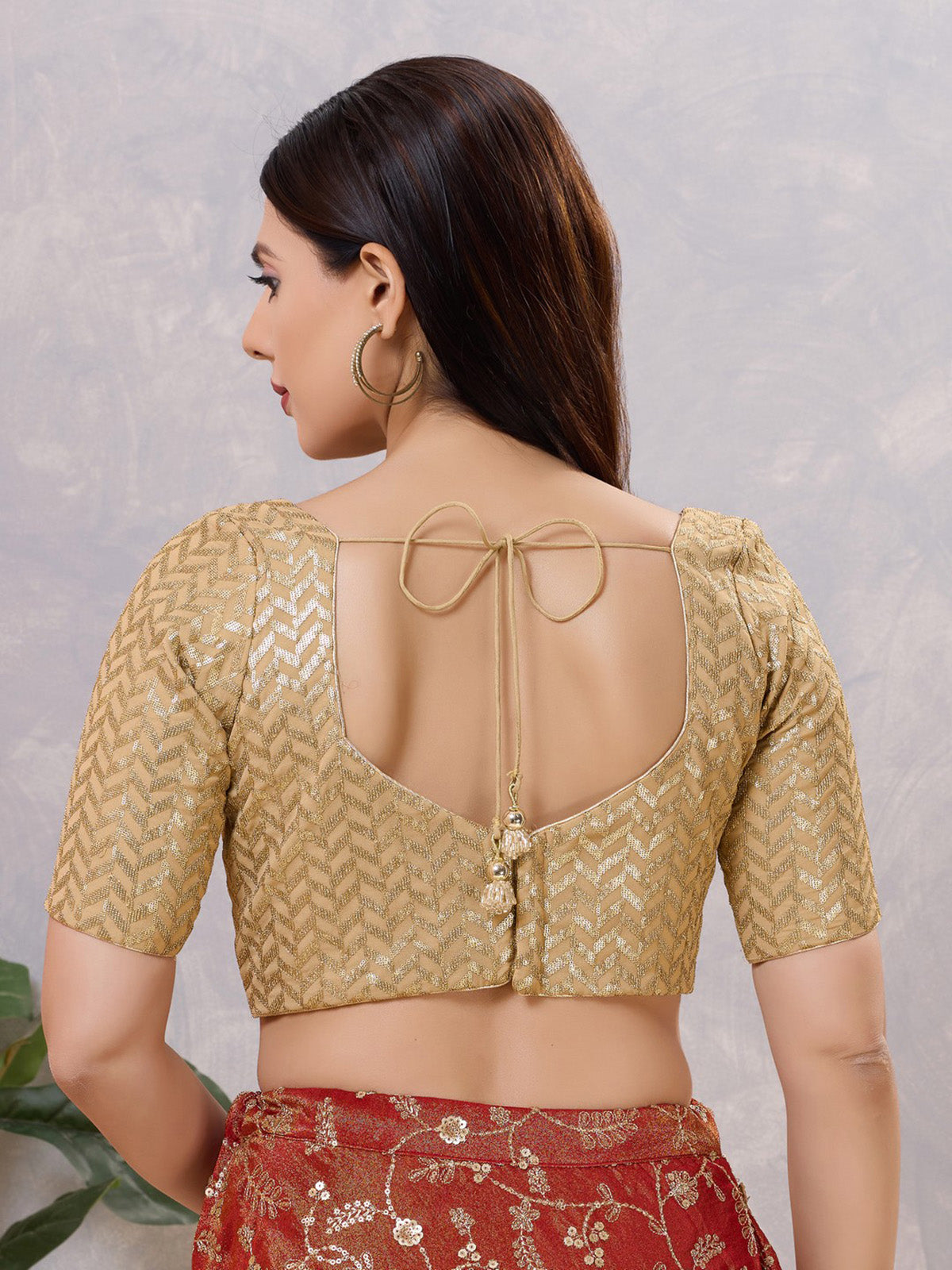 Gold silk sweetheart neck back open blouse