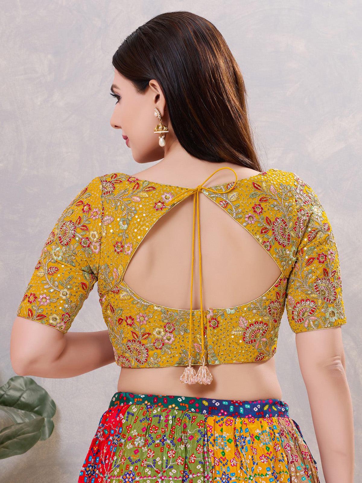 Mustard yellow silk embroidered work blouse