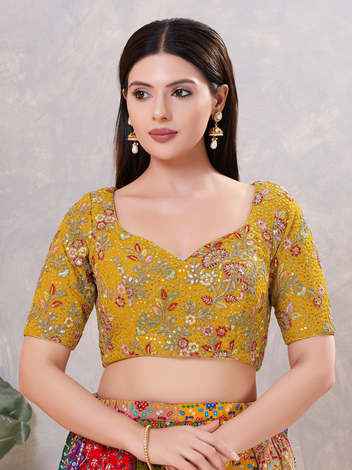 Mustard yellow silk embroidered work blouse