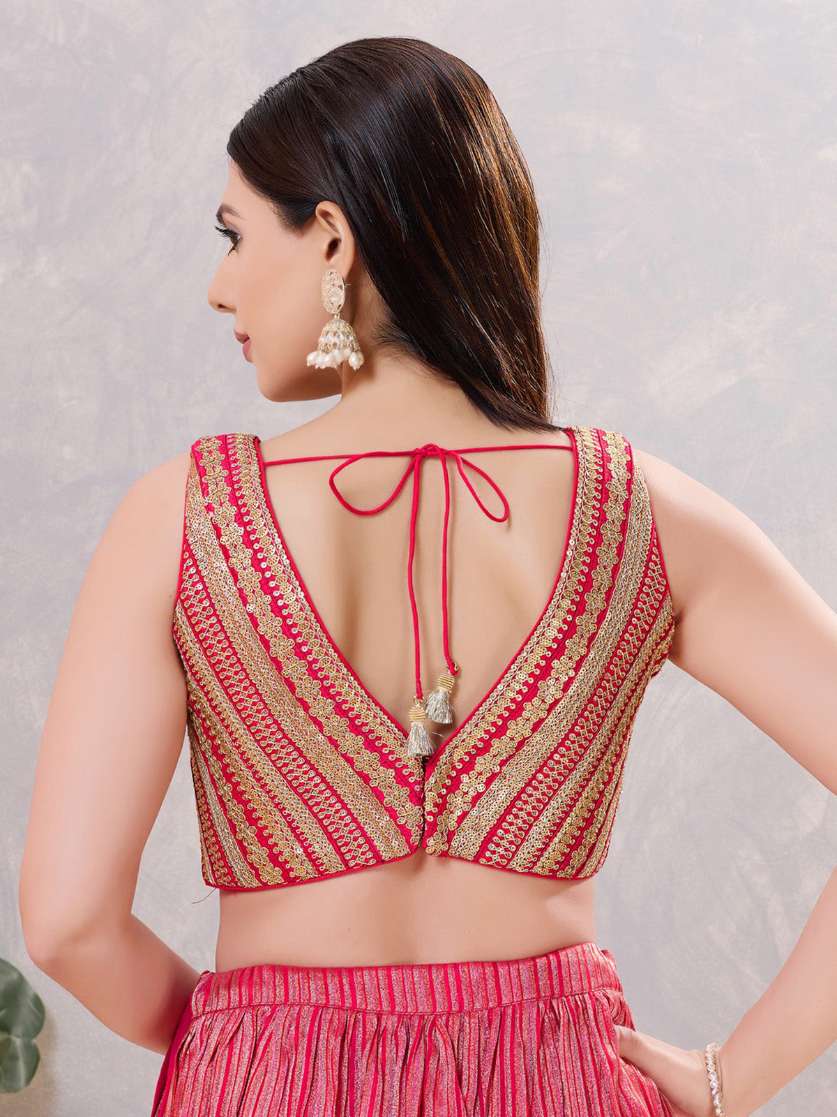 Dark pink sequin V neck back open blouse