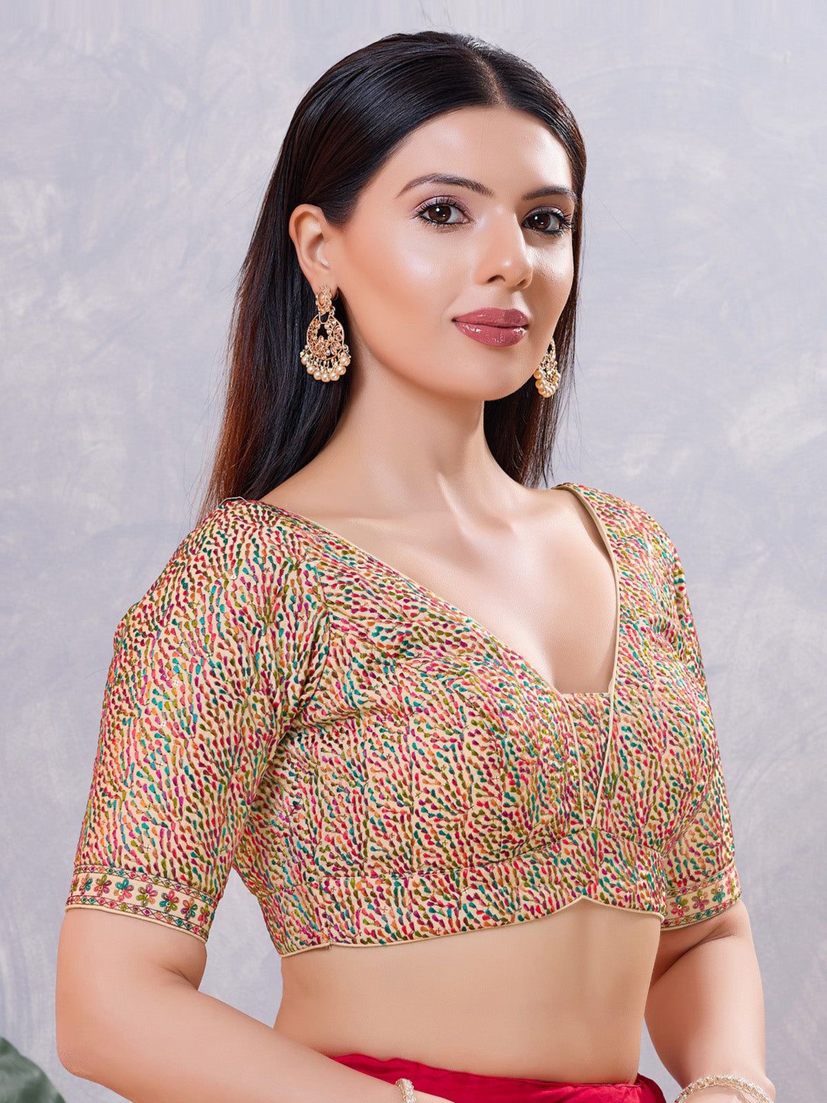 Multicolor silk thread and sequin work V neck blouse