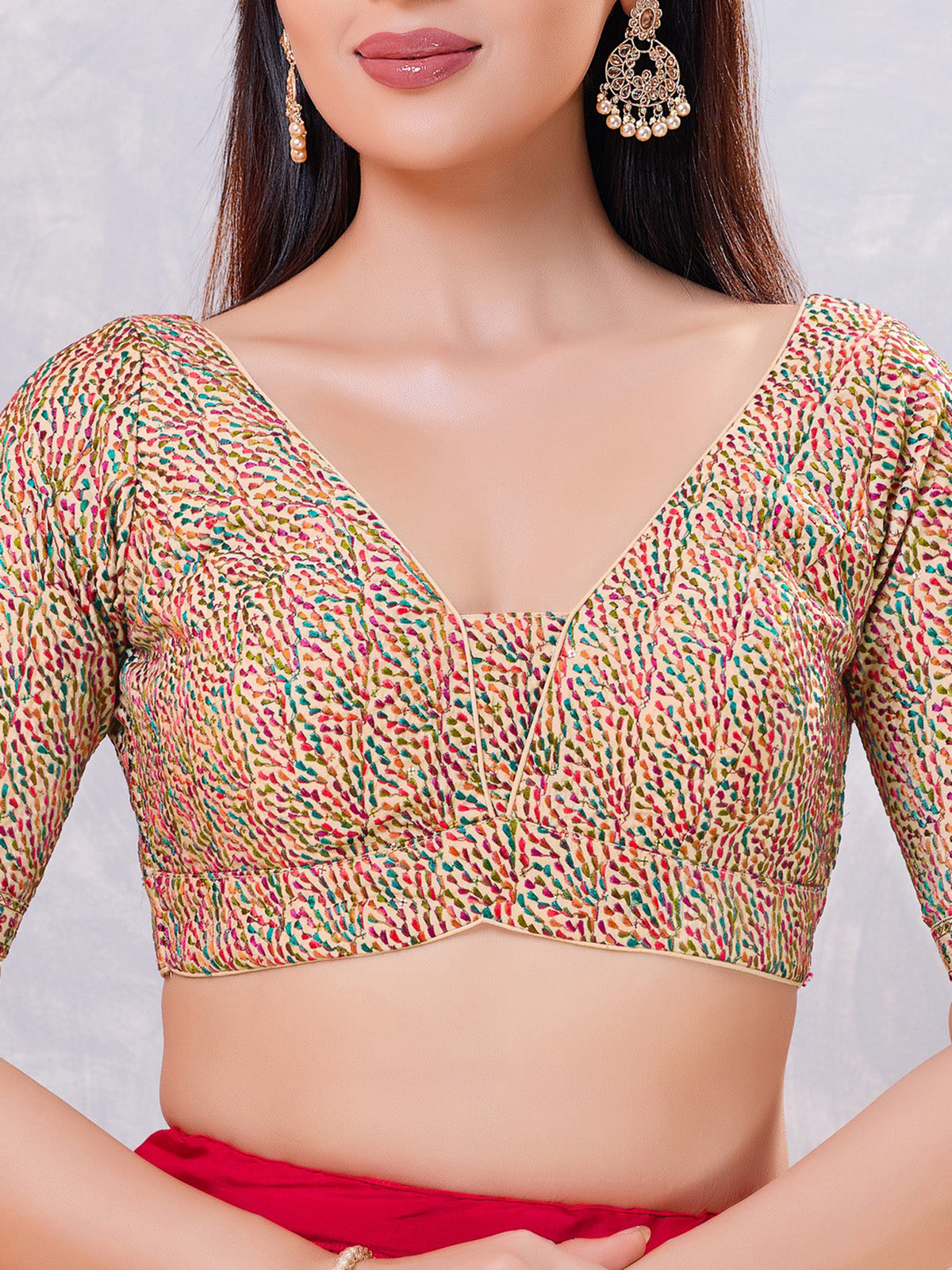 Multicolor silk thread and sequin work V neck blouse