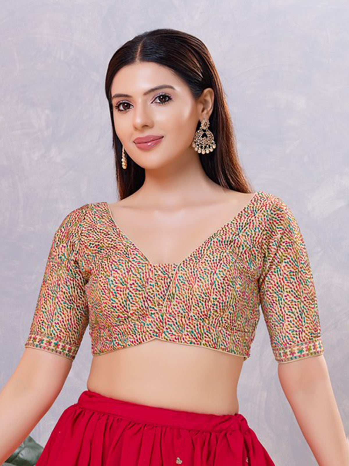 Multicolor silk thread and sequin work V neck blouse