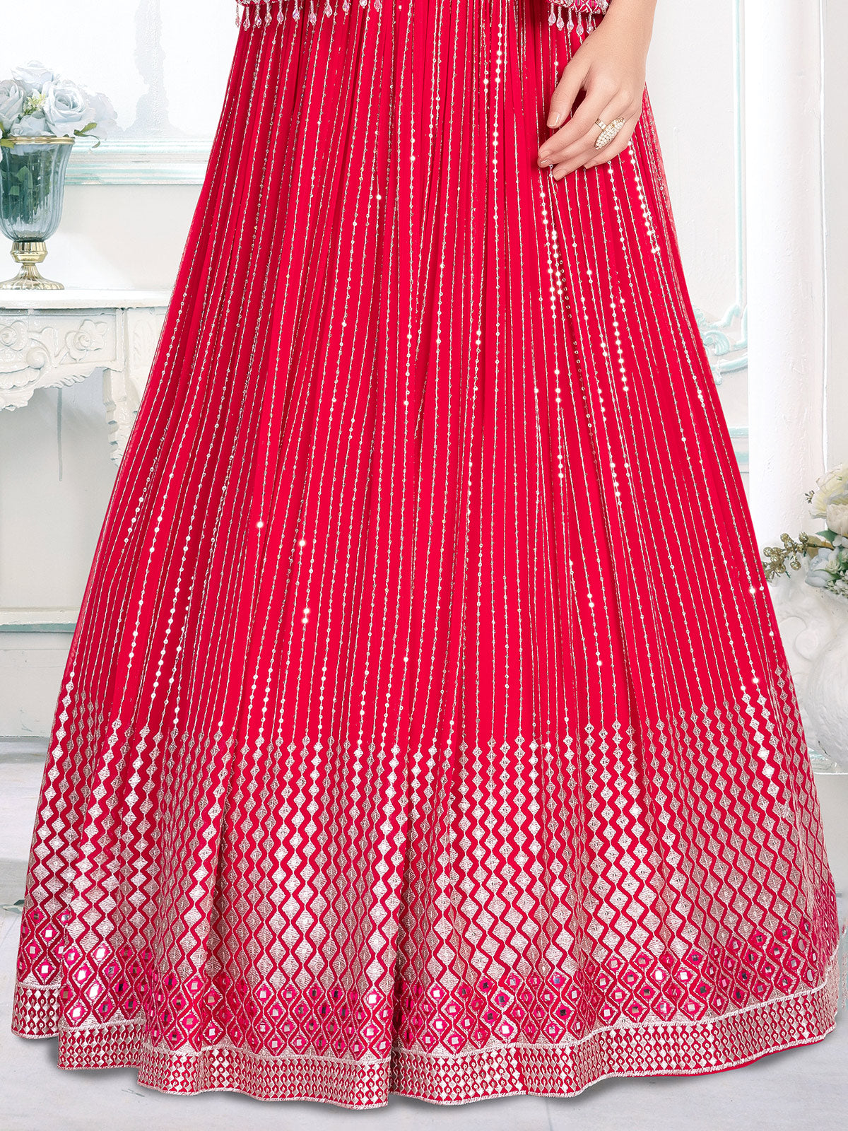 Rani pink georgette jacket lehenga choli for wedding wear