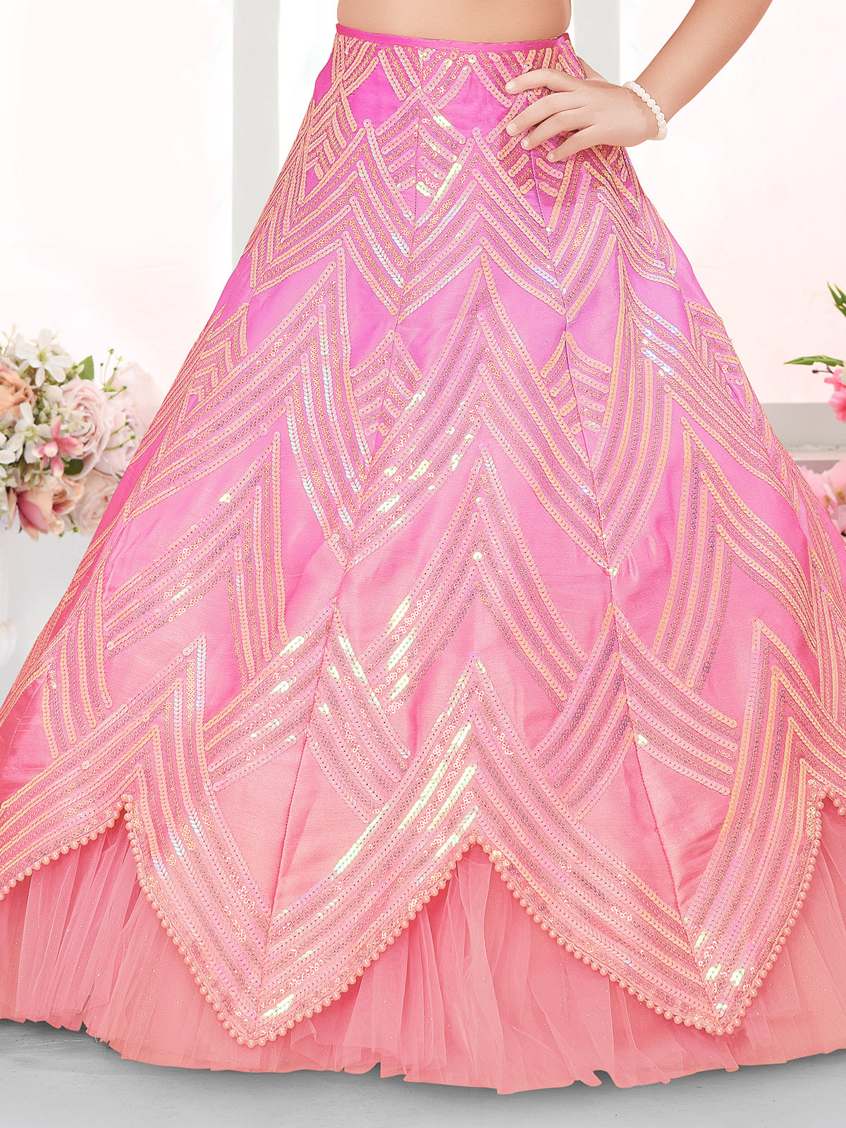 Pink cotton silk designer sequin pearl lehenga choli